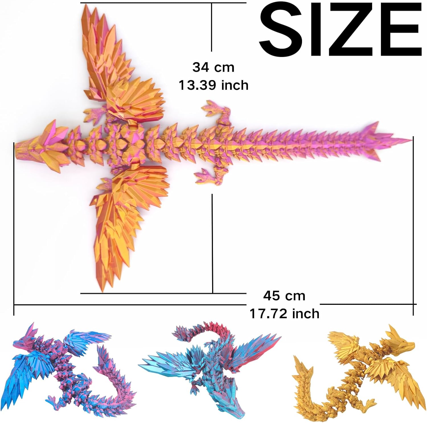 3D Printed Dragon - 18 inch Flying Flexible Dragon with Wings, Home Decor, Birthday Gift, Desk Pet (Purple Gold) - Image 9