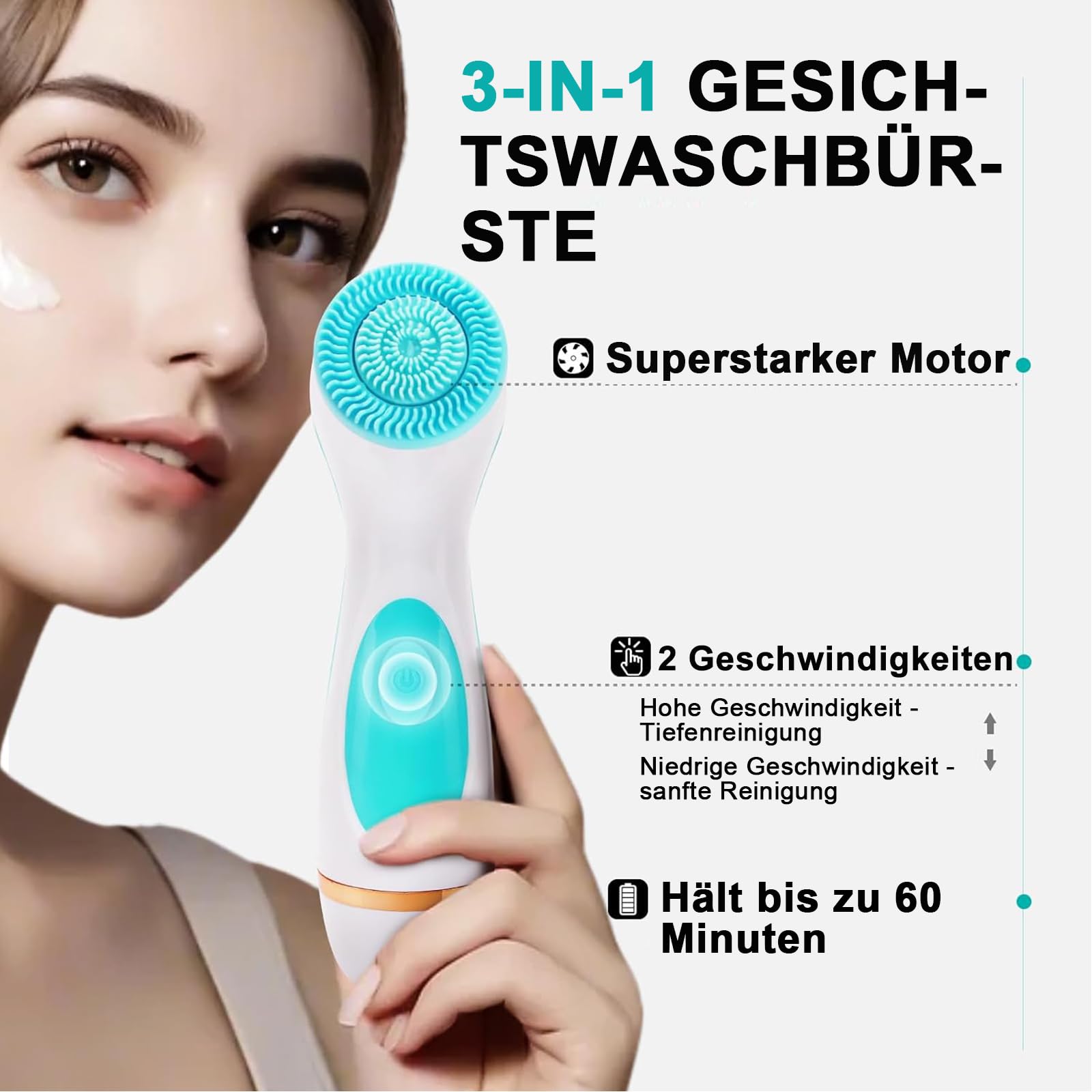 3 in 1 Elektrische Gesichtsreinigungsbürste mit 3 Bürstenköpfen, Wiederaufladbar, Tiefenreinigung Wasserdichte Gesichtsbürste für Männer und Frauen, Jeden Hauttyp (Blau)