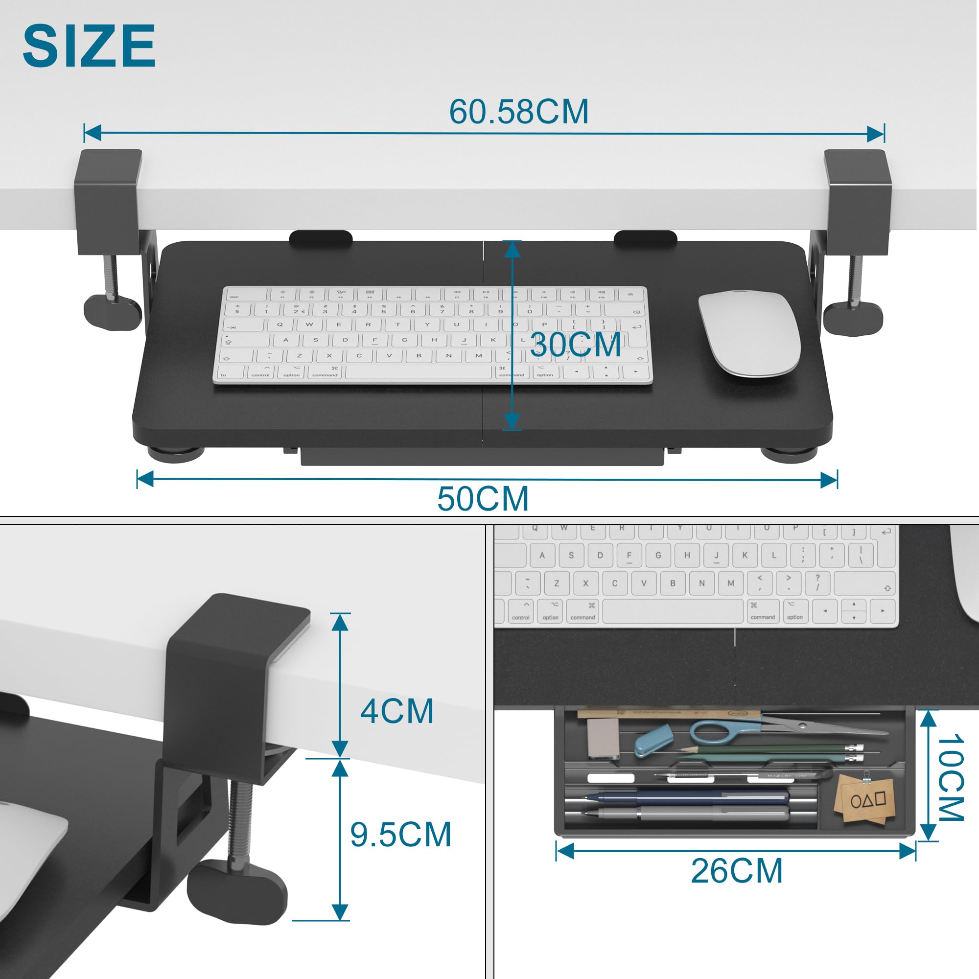ETHU Tastaturauszug, Ausziehbarer Tastaturablage 50x30 cm mit C-Klemmhalterung, Untertischmontage Tastaturständer, Ergonomischer Tastaturständer für Zuhause & Büro (Schwarz)