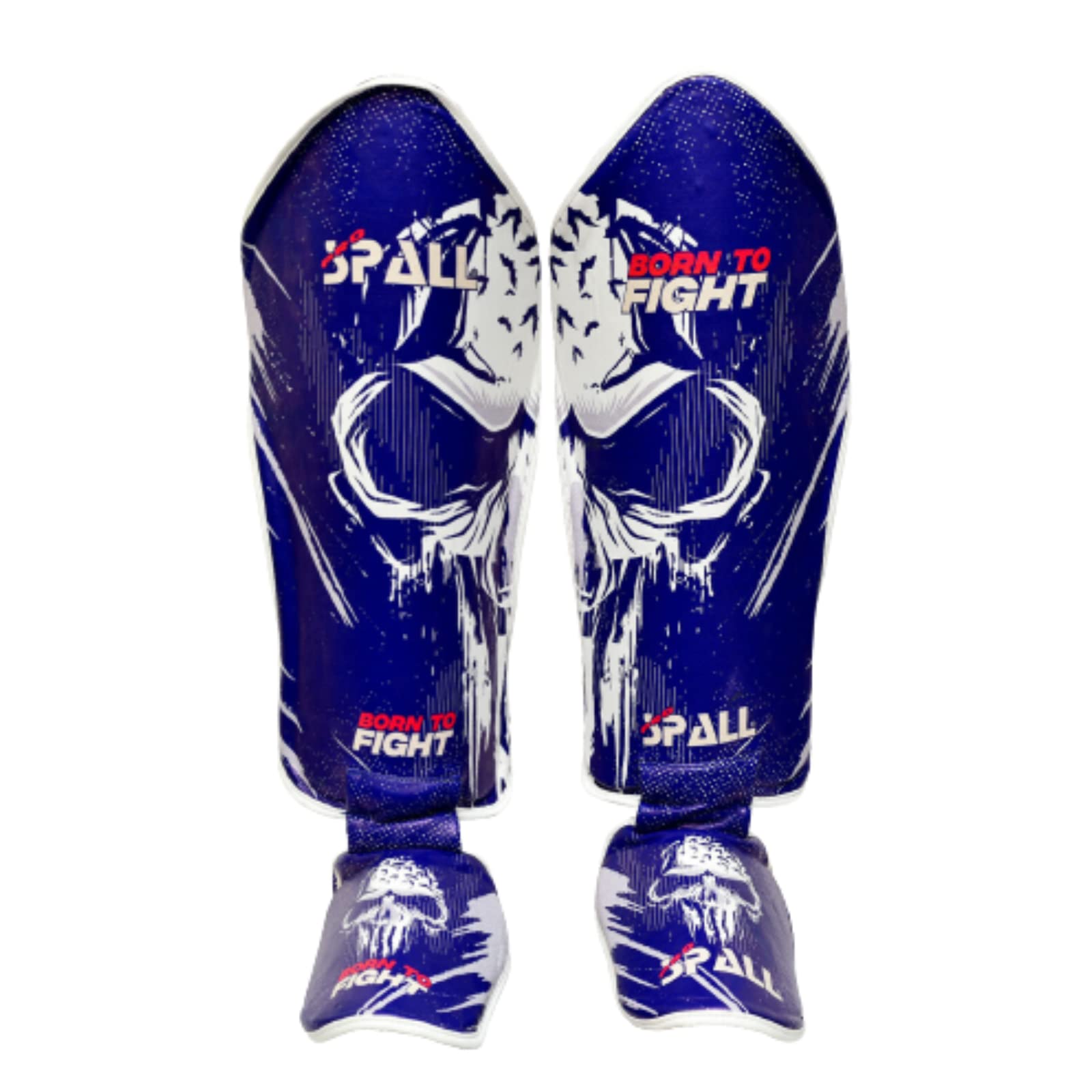 Spall Pro US Muay Thai Guards Shin Guards for Kickboxing Martial Arts BJJ Boxing Sparring with MMA Foot Protector - Born to Fight Blue (Large/X-Large)
