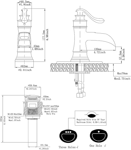 Miniatura 5 de Grifo de baño para lavabo, de níquel cepillado, tipo cascada, estilo antiguo, montaje sobre el lavabo, manija única, orificio único, con tapón de