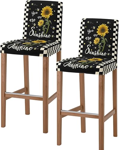 Juego de 2 fundas elásticas para taburete de bar con diseño de girasoles y flores de granja vintage, a cuadros, elásticas, extraíbles y lavables,