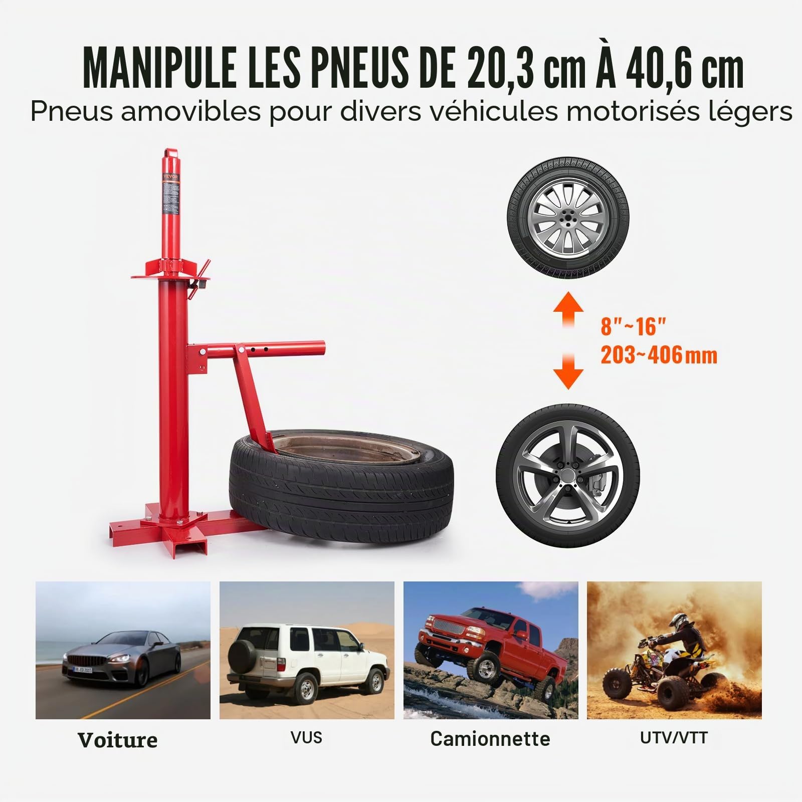 VEVOR Démonte-Pneus Manuel pour Pneu de 203 à 406 mm Décolle Pneu en Acier 46×38×94 cm Outil Changeur de Pneus sans Dommage à la Jante Antirouille pour Montage Démontage de Pneu Voiture Quad Atelier