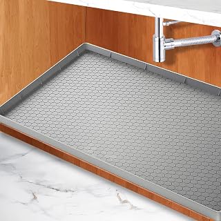 Under Kitchen Sink Mat 22" x 19", Waterproof Silicone Under Sink Tray, Under Sink Protector Mat for Bathroom and Kitchen Cabinets(Grey)