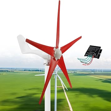 12000W Wind Turbine, DC 12V/24V/48V 5 Blade Wind Vertical Generator, 3 Phase AC Permanent Magnet Generator Wind Turbine Kit with MPPT Controller Suit for Hybrid Solar Wind-System,Red-12V