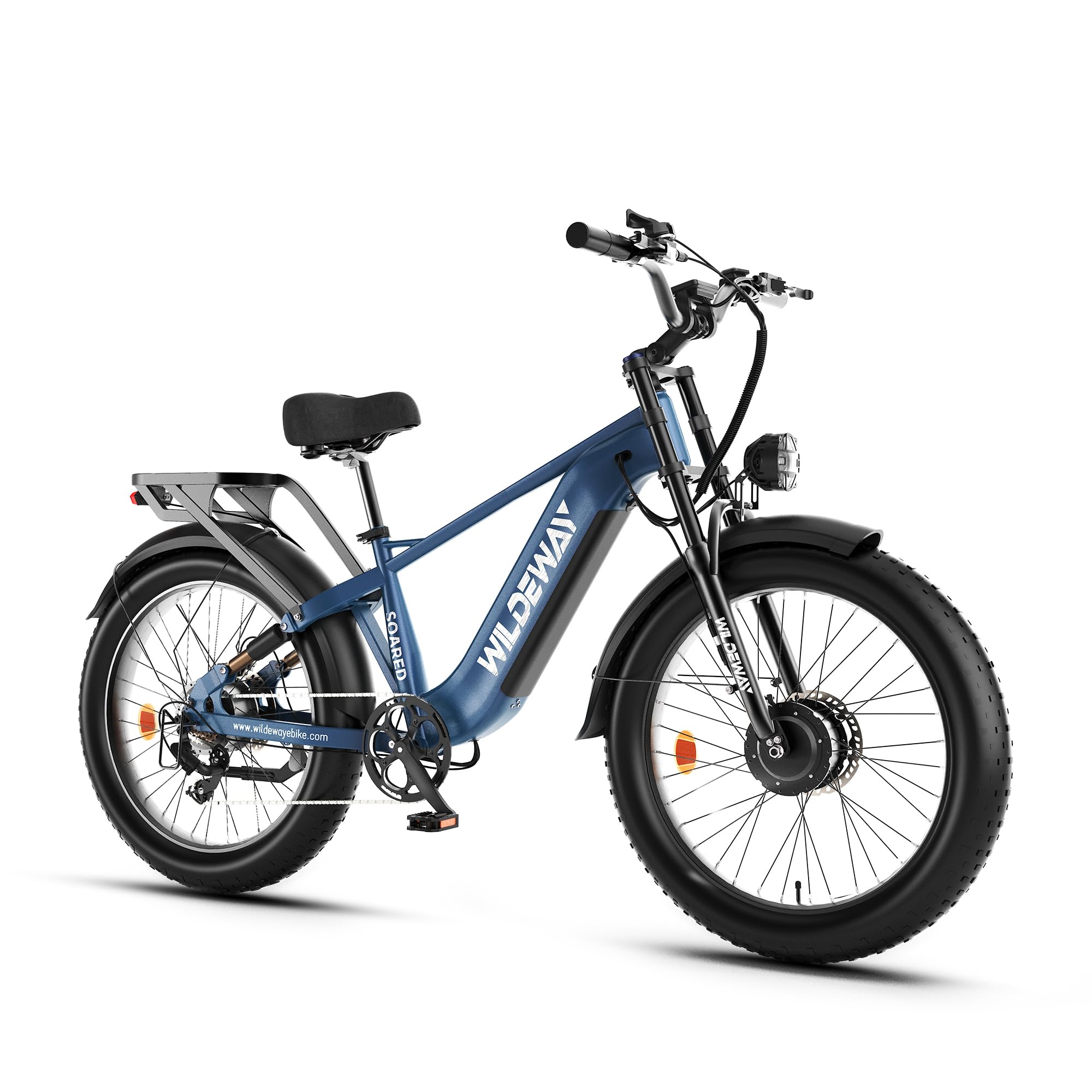 SOARED Adult electric mountain bike featuring dual motors, a torque sensor, a removable 48V 30Ah battery, hydraulic brakes, full suspension, and 26×4.0-inch wide tires