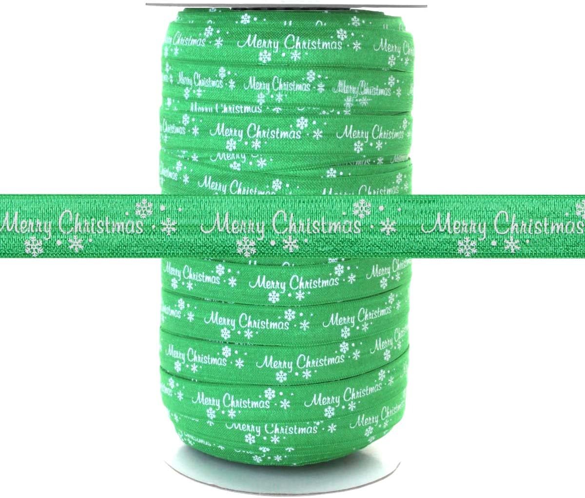 100 Yards - Merry Christmas on Green - 5/8" Fold Over Elastic - ElasticByTheYard™