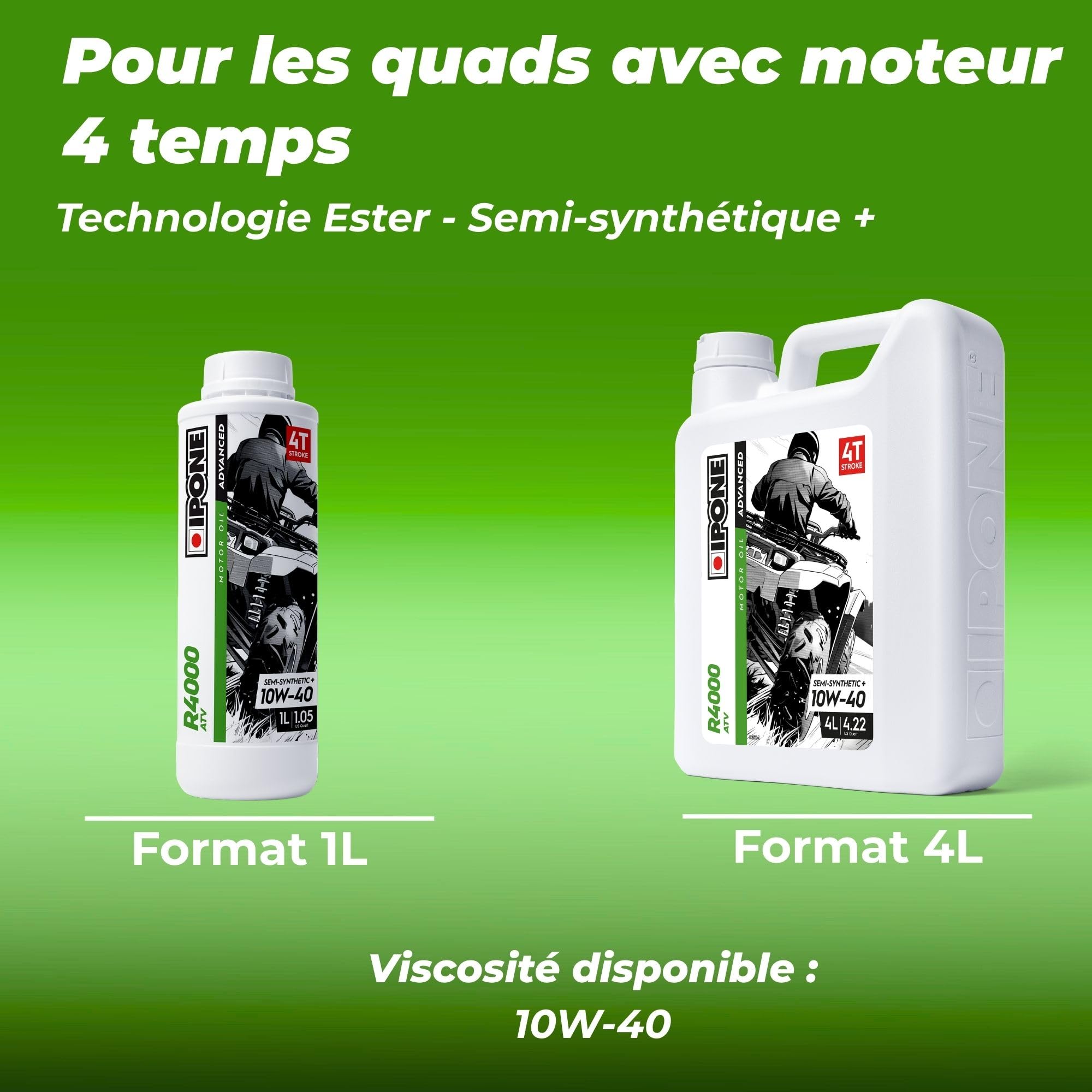 IPONE - Huile Quad 4 Temps ATV 4000 RS 10W40 - Lubrifiant Semi-Synthétique - Usages Agricole et Utilitaire - Résistance à l'Usure - Protection du moteur - Anti-corrosion et anti-oxydation - 2L
