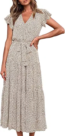 PRETTYGARDEN Women's Boho Floral Summer Dress Wrap V Neck Ruffle Short Sleeve A Line Belted Flowy Tiered Maxi Dress