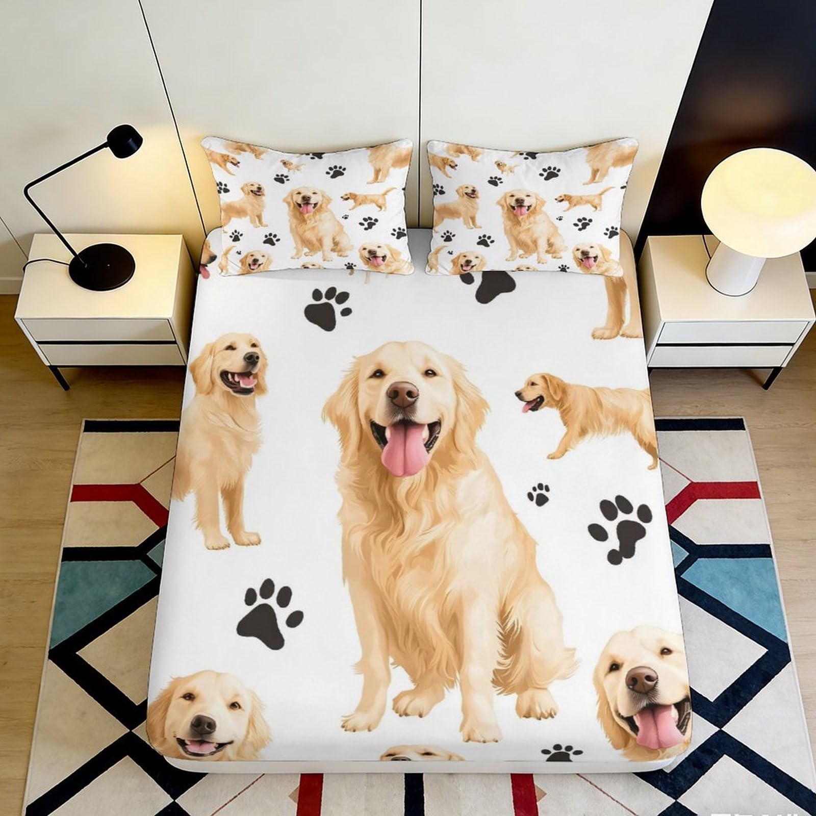 Jqzkxnhpbr Style-5 3D Printed Golden Retriever Fitted Sheet Microfiber Soft Dog Paw Bed Sheet For Bedroom Guest Room Easy Care Decor 90X200x25cm