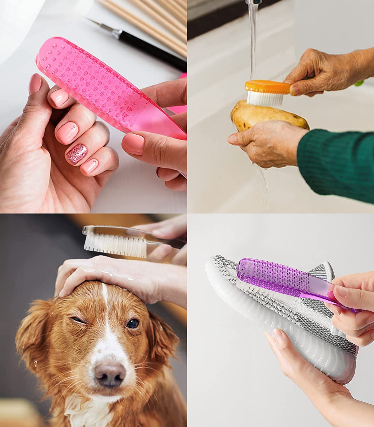 Larbois - 4 pennelli per la pulizia delle unghie, con manico in plastica, con setole morbide, per manicure e polvere, per mani e piedi, per casa, giardino, salone