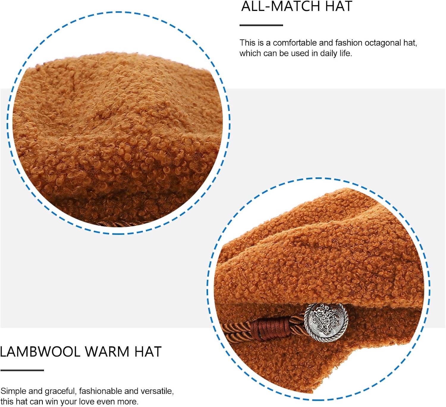 Octagonal Lambwool Winter Warm Hat for Women, Solid Camel Color Beret Cap, Outdoor Casual Decorative Headwear for Autumn and Cold Weather