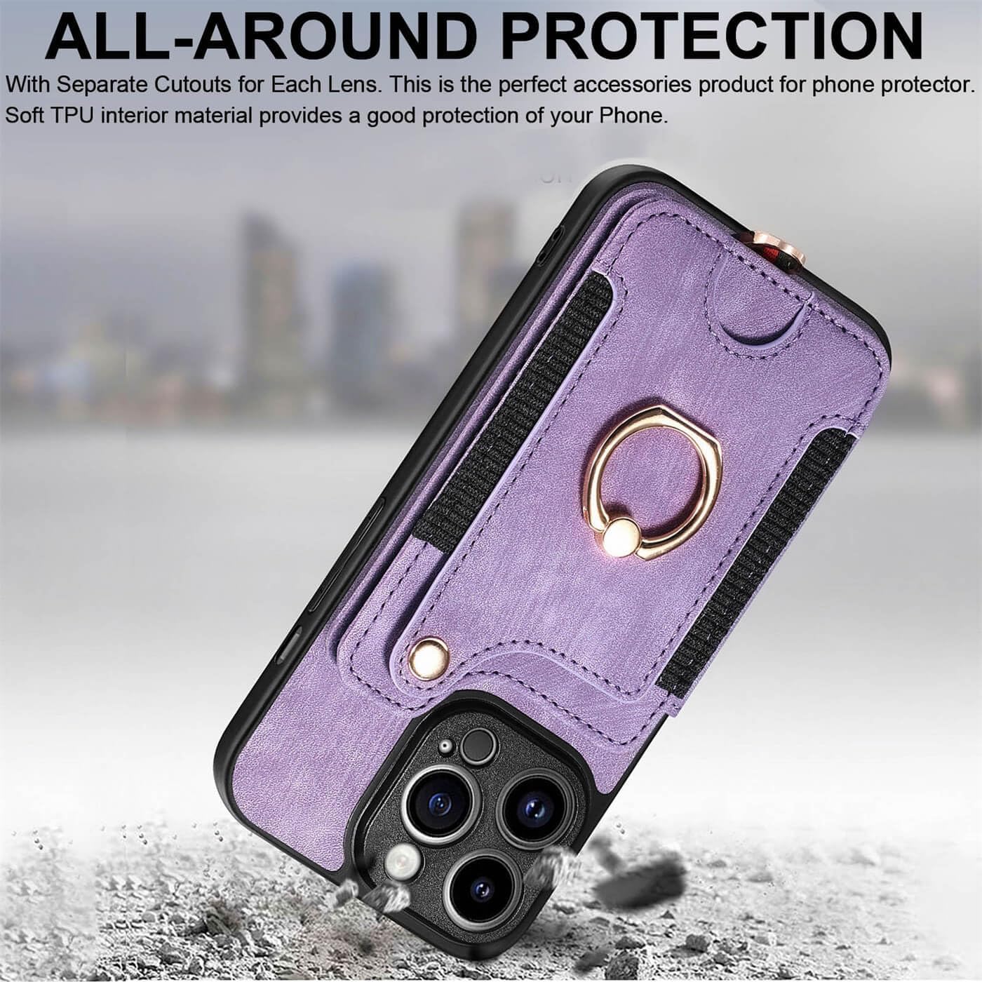 JanCalm for iPhone 13 Pro Case Card Holder Wallet, Ring Stand, RFID Blocking, Wrist Strap, Camera Protector, Leather Magnetic Clasp Protective Cover for iPhone 13 Pro (Purple) - Image 7