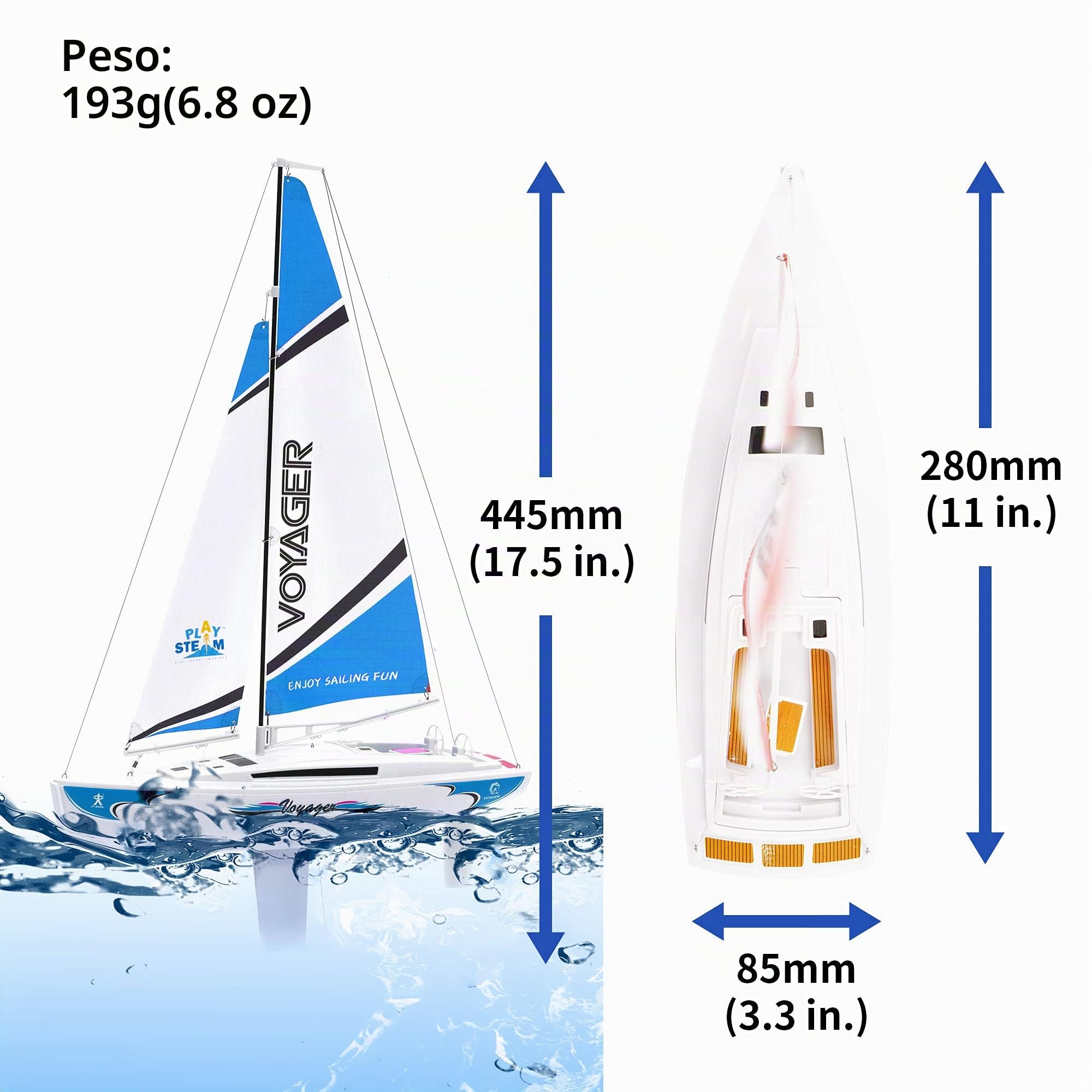 PLAYSTEAM Voyager 280 RC - Velero con control de viento, color azul, 17.5 pulgadas de alto