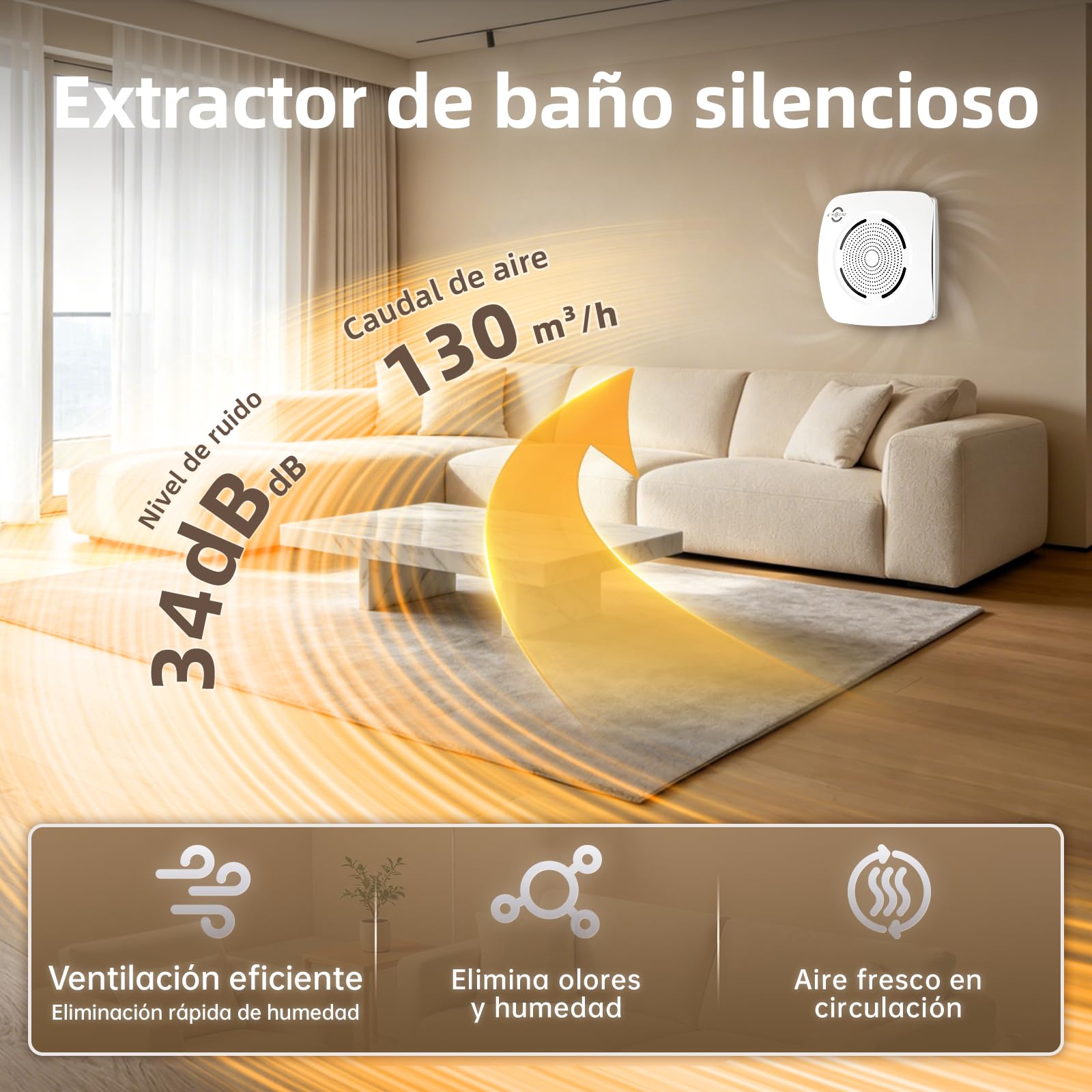 MOCINE Extractor de Baño 100 mm, Caudal de Aire 130 m³/h, Blanco | 50 % PC+ABS · Doble rodamiento de bolas · Protección contra sobrecalentamiento · Más de 30000horas de vida útil