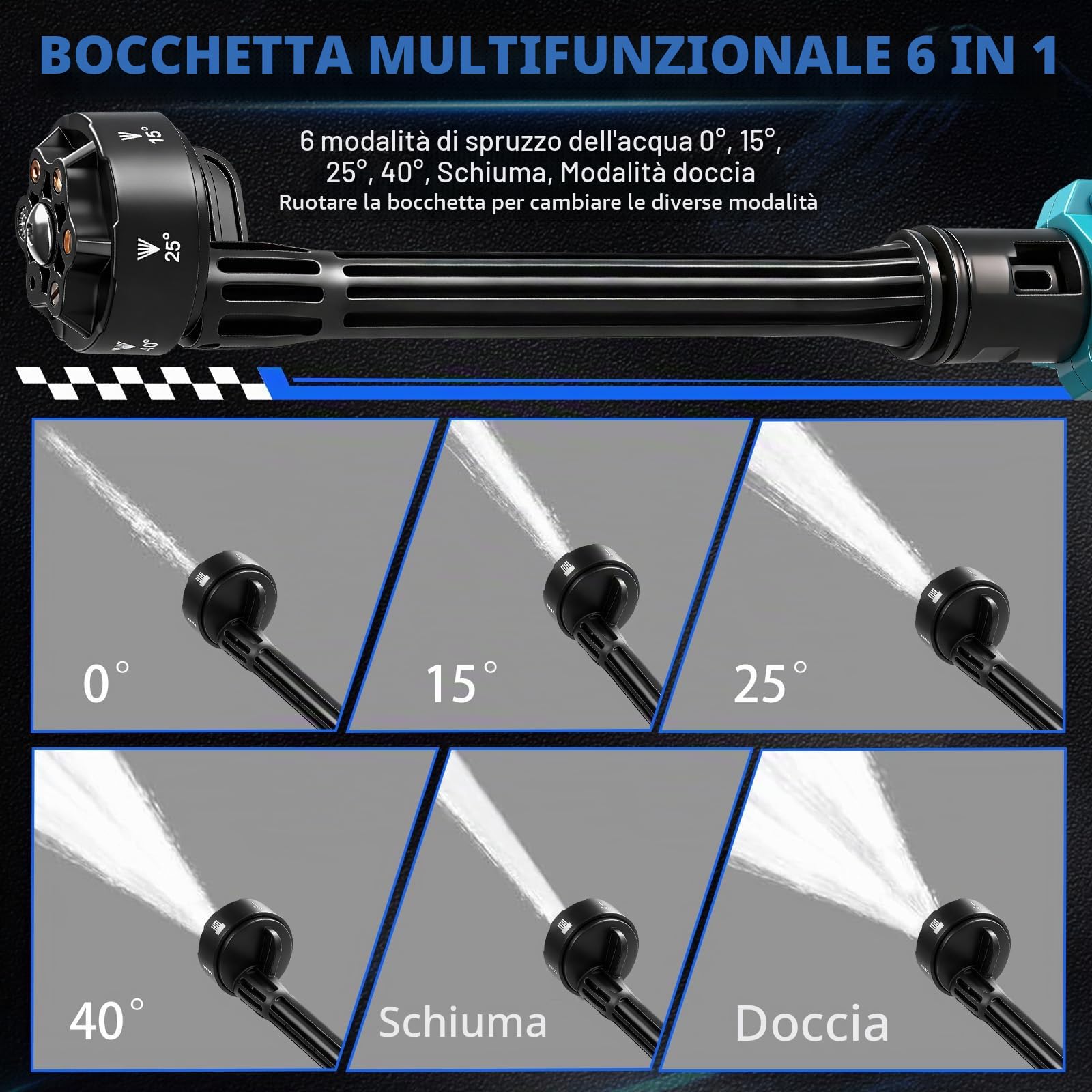 Idropulitrice a Batteria per Auto, 80 bar, Pistola Ad Alta Pressione Senza Fili con ugello regolabile 6 in 1, Regolazione a tre stadi Autolavaggio per Casa, Prato, Giardino, Recinzione (due batterie)