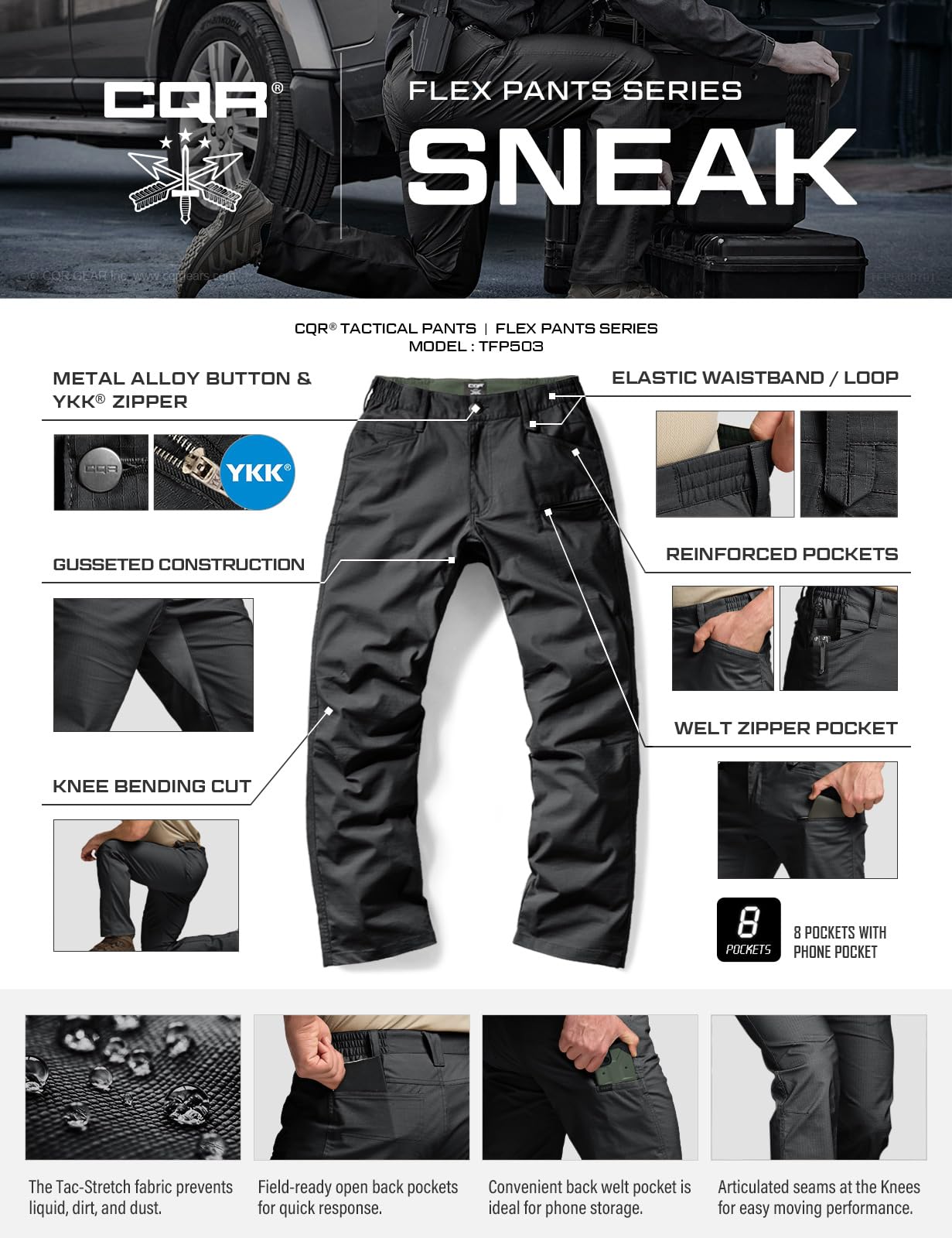 CQR Men's Flex Stretch Tactical Pants, Water Resistant Ripstop Cargo Pants, Lightweight EDC Outdoor Work Hiking Pants — view 7