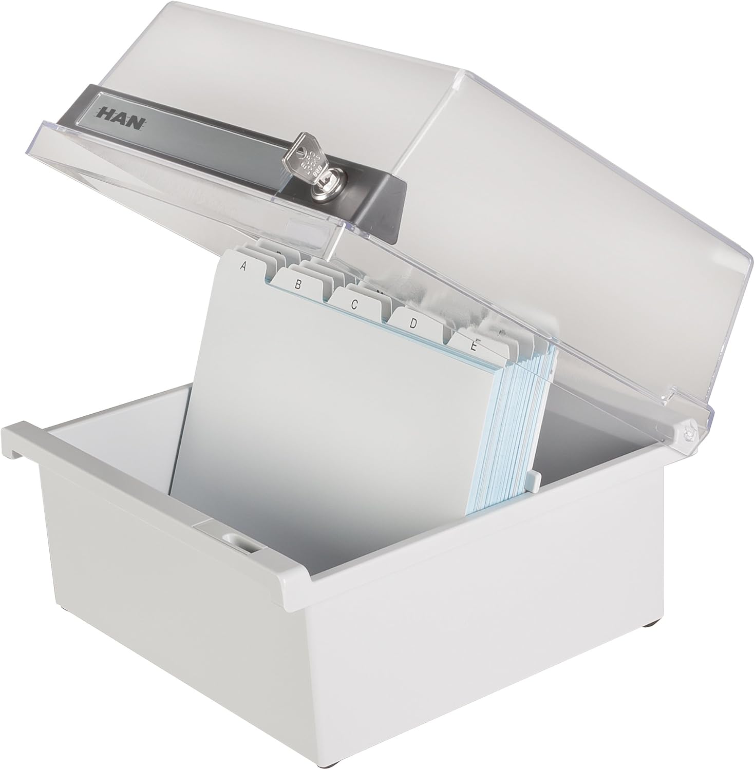 HAN 965-S-631, Card Filing Box Special Edition A5 Landscape. Innovative, Attractive Design Holds 800 Cards with Lock, readjustable lid Supplied with Large Inscription Label, Light-Grey-Translucent
