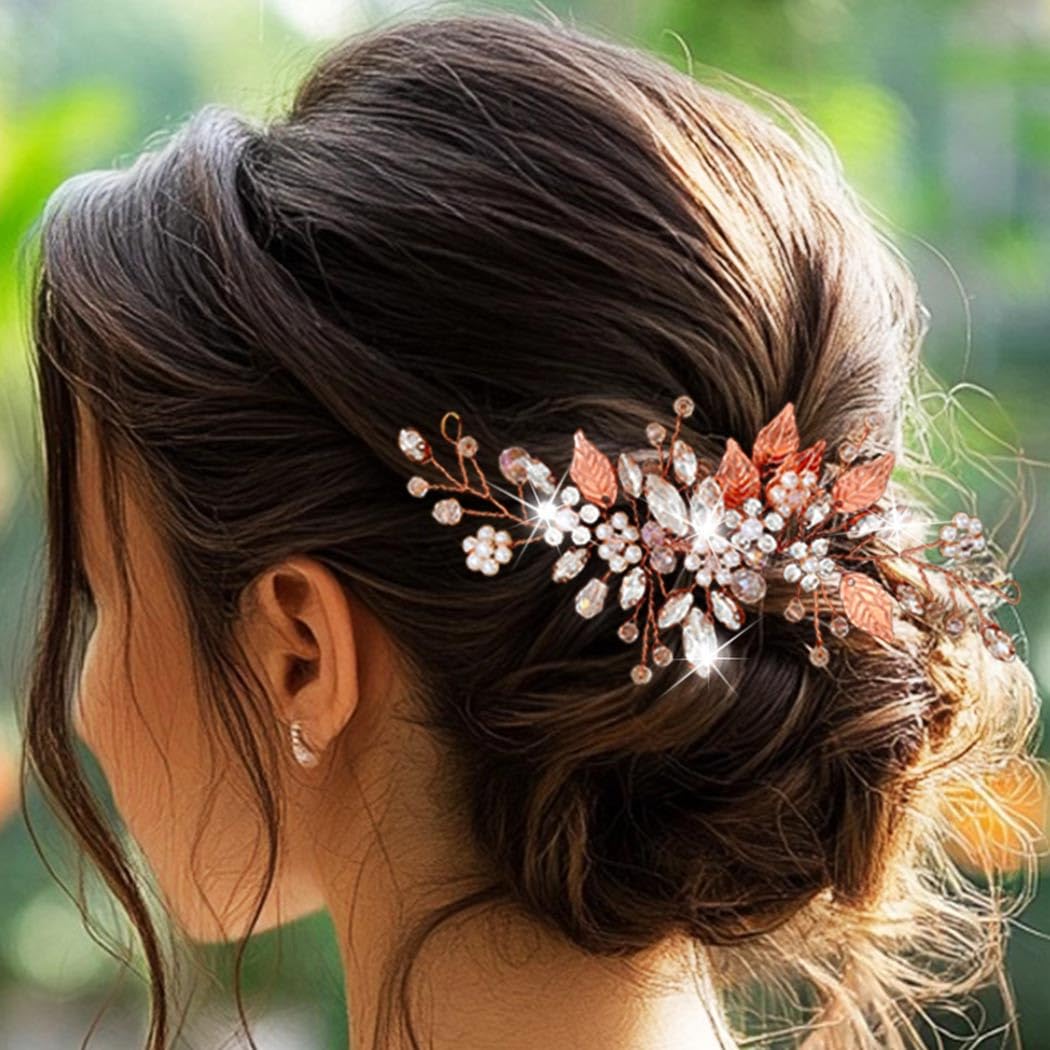 Zoestar Pettini per capelli da sposa con fiore e perle, accessorio per capelli per donne e ragazze (oro rosa)