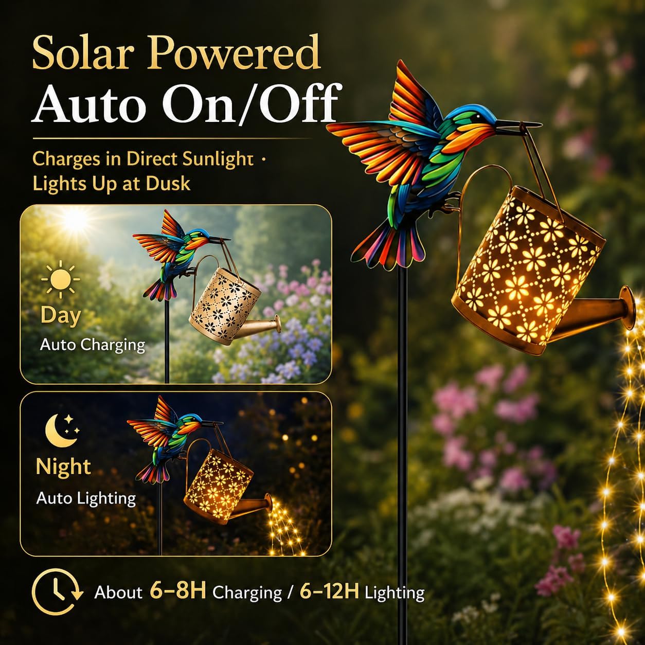 SSQPVEH Solar Watering Can Lights Outdoor, 30.7-Inch Metal Garden Stake Light with Hummingbird Hook, 36 LED Cascading Warm White Waterfall Light for Yard, Lawn, Patio, Garden Decor Gift for Mom