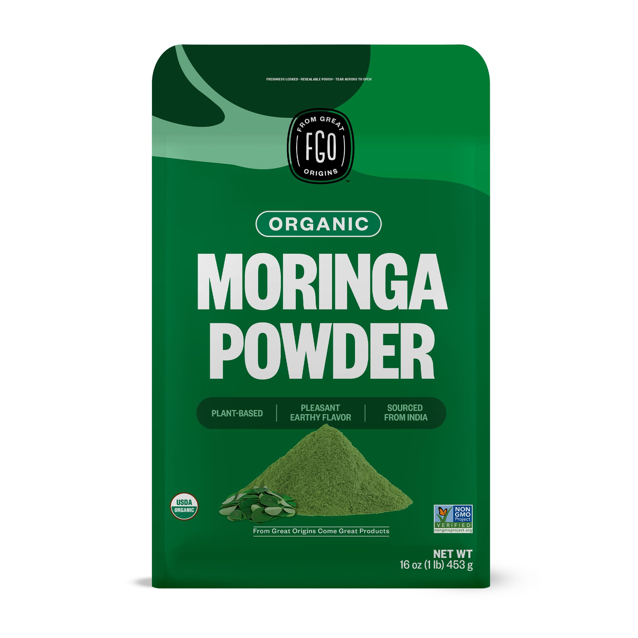 FGO Organic Moringa Oleifera Leaf Powder, 16oz Bulk Resealable Pouch, Sourced from India, Non-GMO, Packaging May Vary (Pack of 1)