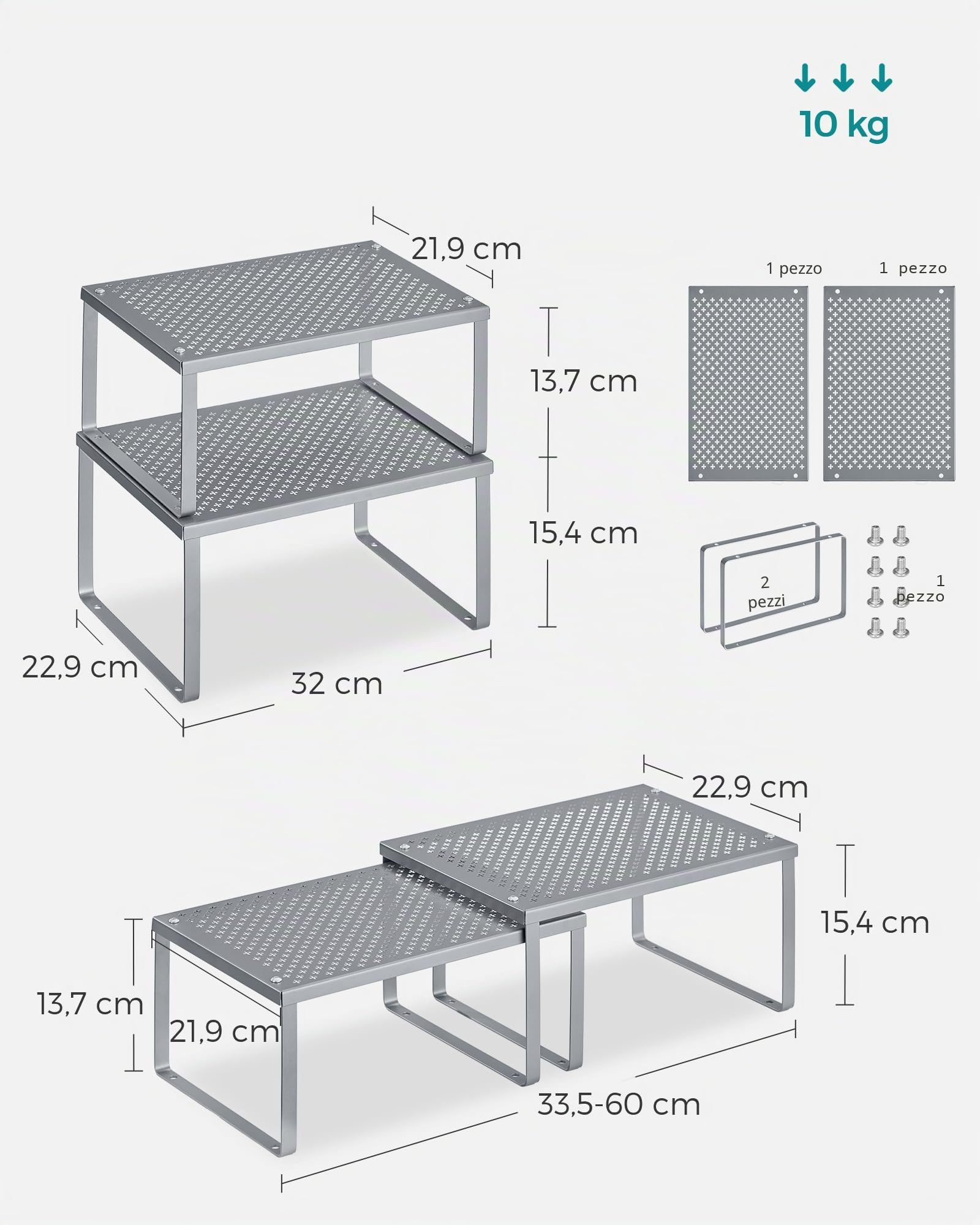 SONGMICS Scaffale Portaspezie, Set di 4 Organizzatori da Cucina Espandibili, Scaffale da Cucina Impilabile, Metallo, Argento KCS006S01