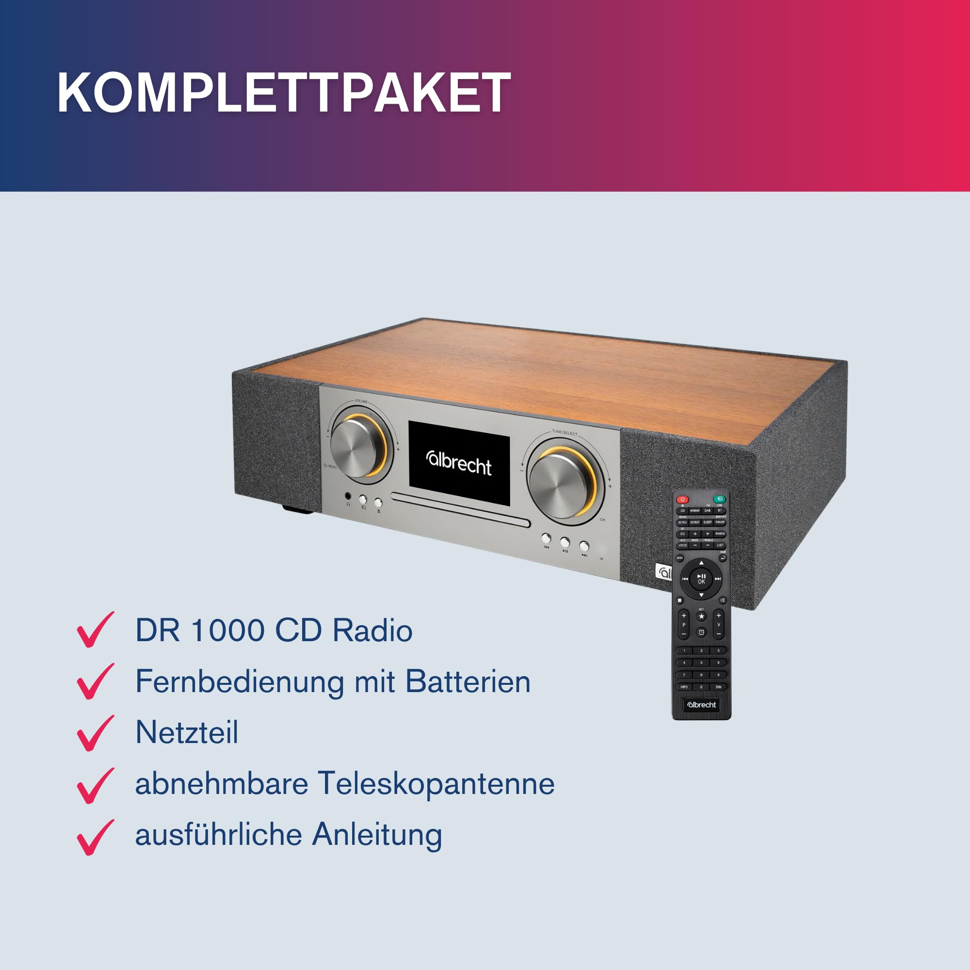 Albrecht DR 1000 All-In-One Soundsystem, Soundbar 2.1 mit 30 Watt Subwoofer, Clear-Voice, Internet-Radio, DAB+, CD-Player, Musik-Streaming, HDMI, braun/grau