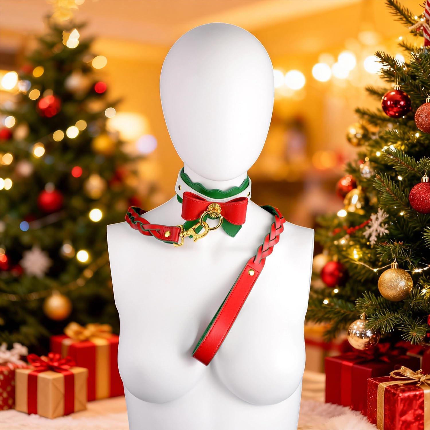 Sex Collar with Sex Leash, Christmas Sex Toys, Bondage Collar with Bow, Adjustable Leather BDSM Collar and Leash, SM Cosplay Bondage Gear & Accessories Sexy Toys for Women Couples