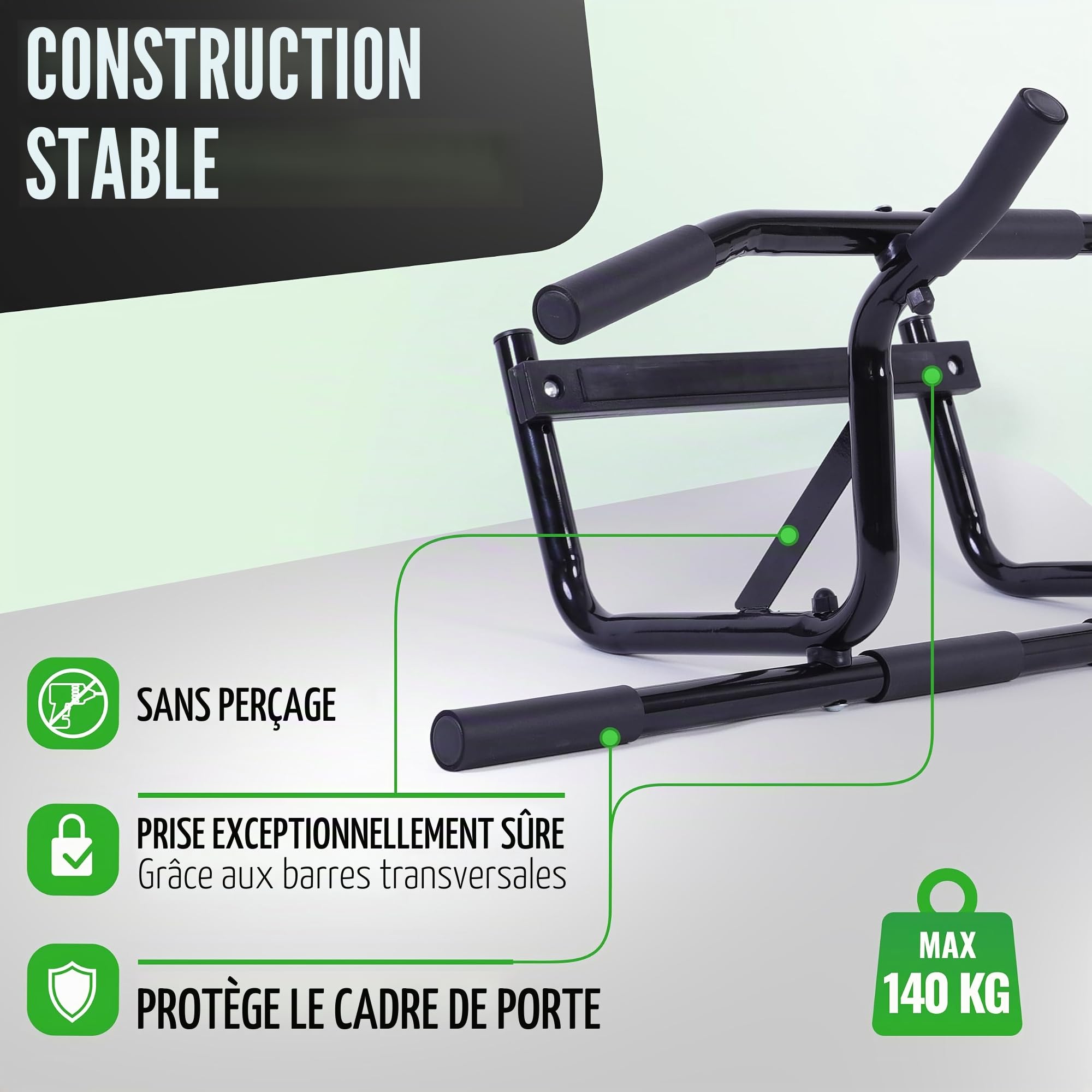 AthleticPro Barre de Traction pour Cadre de Porte sans Perçage – Barre de Tractions Robuste à Suspendre [portes jusqu'à 90cm] – Pour Tractions, Dips & Pompes avec Bande de Résistance