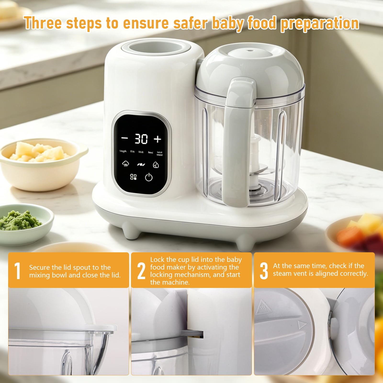 Robot Cuiseur Mixeur pour Bebe,Robot cuisine Multifonction Bébé,Ecran Tactile LED, Stérilisation & Nettoyage Auto,pour Purées Bébé DIY (Blanc C)