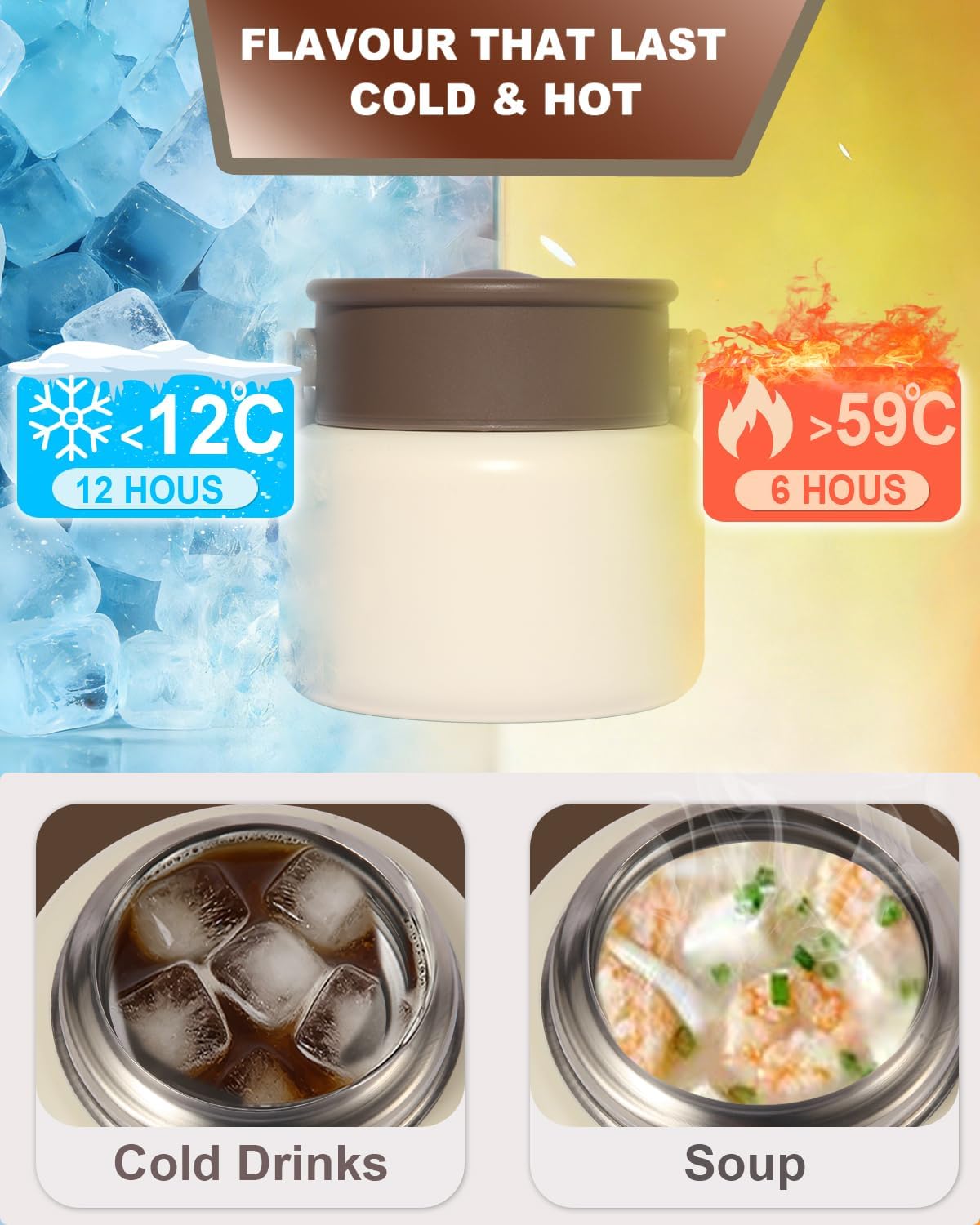 316 Stainless Steel Vacuum Insulated food jar for hot food lunch container, Soup Thermo For Kids/Adults lunch on the go 16 oz white brown