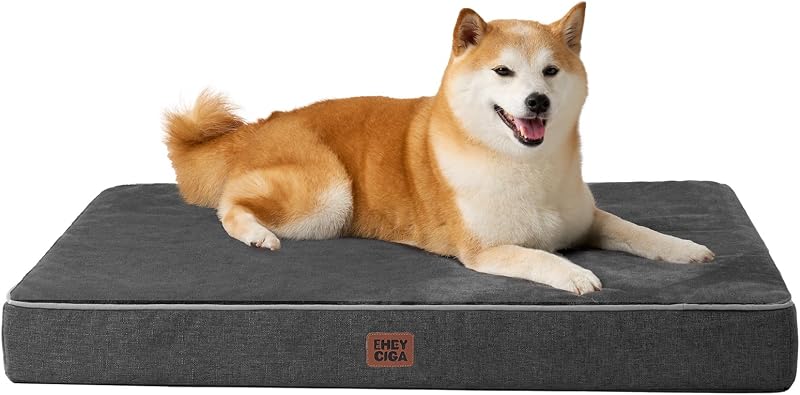 Cama impermeável para cães EHEYCIGA com espuma de memória e capa lavável, Grande, 91,44 x 68,58 x 6,35 cm, Cinza-escuro