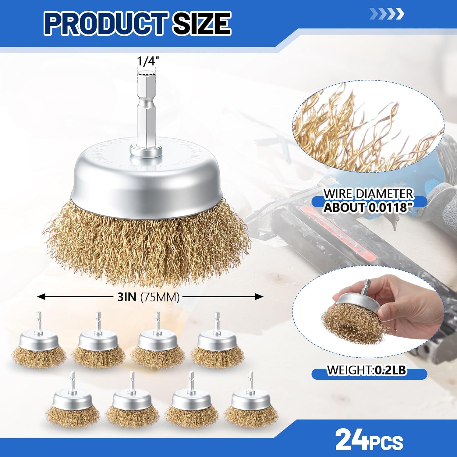 24 Pcs 3 Inch Wire Cup Brush Set for Drill with 1/4-inch Hex Shank Brass Wire Wheel Brush Kit for Drill/Grinders for Removal of Rust/Corrosion/Paint