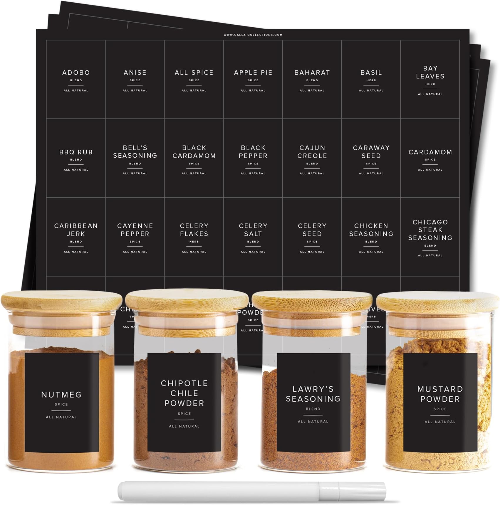 230 Black Spice Labels by ThreeKin | Waterproof & Oil-Resistant Pre-Printed Stickers for Spice Jars | Durable, BPA-Free Seasoning Labels | Easy-Clean, No-Residue Design | Proudly Female & USA Owned