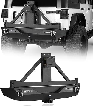 JK Wrangler Rear Bumper w/Spare Tire Carrier & Receiver Hitch & 2X LED Floodlights Compatible with Jeep JK Wrangler & Unlimited 2007-2018