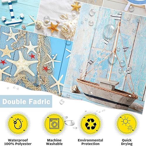 Miniatura 3 de Mocsicka Cortina de ducha náutica de playa, cortina de ducha costera azul para baño, estrella de mar y conchas marinas, juego de cortina de ducha de