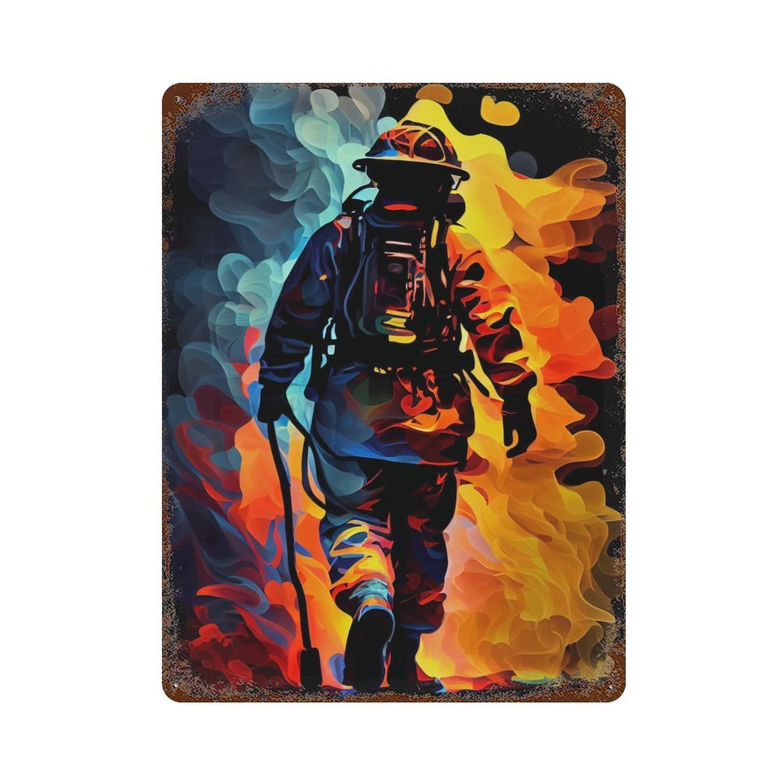 Firefighter Painting Aged Metal Wall Plaque 15.7"x11.8", Ideal for Garage, Bar And Workshop Decor