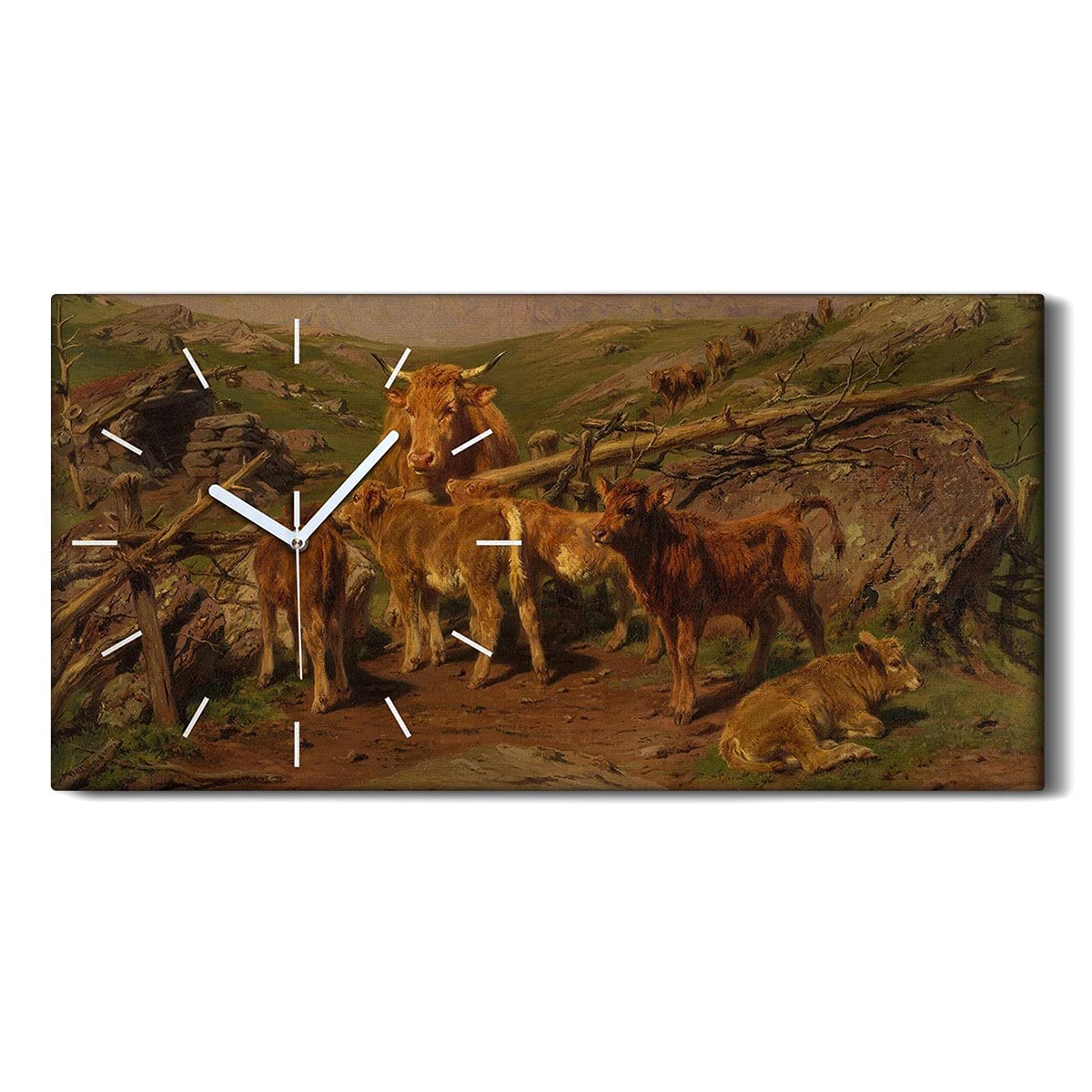 Horloge sur Toile de Salon Silencieuse Paysage Vaches et Montagne