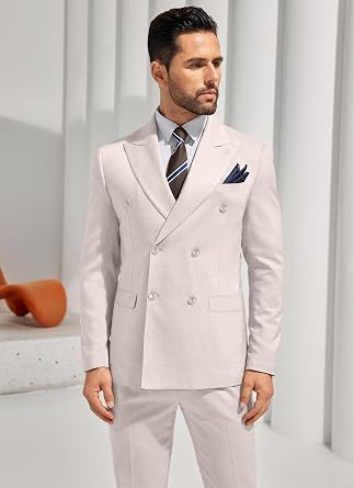 Mens Double Breasted Suit Slim Fit Solid Suit Jacket and Dress Pants 2 Piece Set Prom Wedding Suits for Men