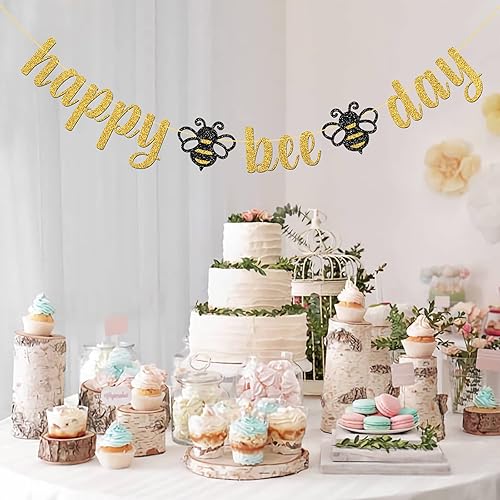 Miniatura 6 de Cartel de Feliz Día de la Abeja con purpurina dorada/Suministros de fiesta de baby shower con temática de abejorros/Nueva mamá/fiesta de revelación