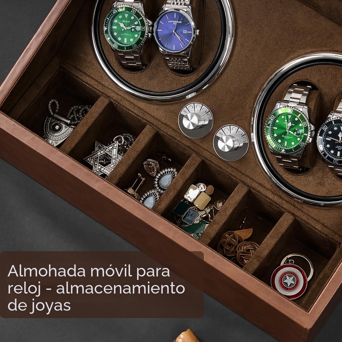 ANWBROAD Enrollador para Relojes Automáticos Caja Giratoria Automática con 4+6 Compartimentos para Relojes y Joyas Silencioso Watch Winder con LED & Motor Mabuchi & 4 Modos JWW002Z