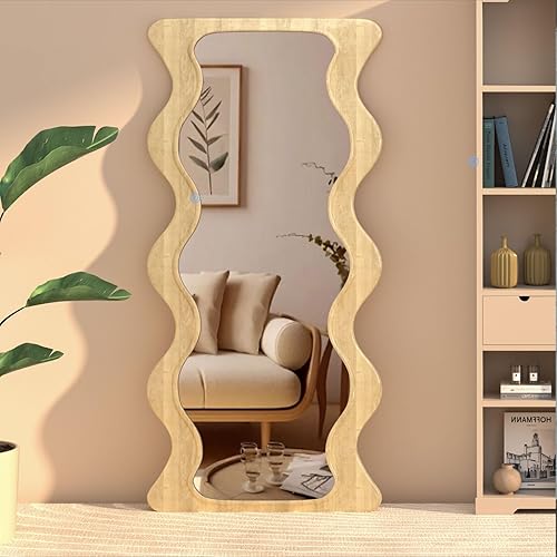 Miniatura 8 de Espejo ondulado de 65 x 24 pulgadas, espejo de longitud completa con marco de madera, espejo de piso, espejo de pared irregular, para colgar o
