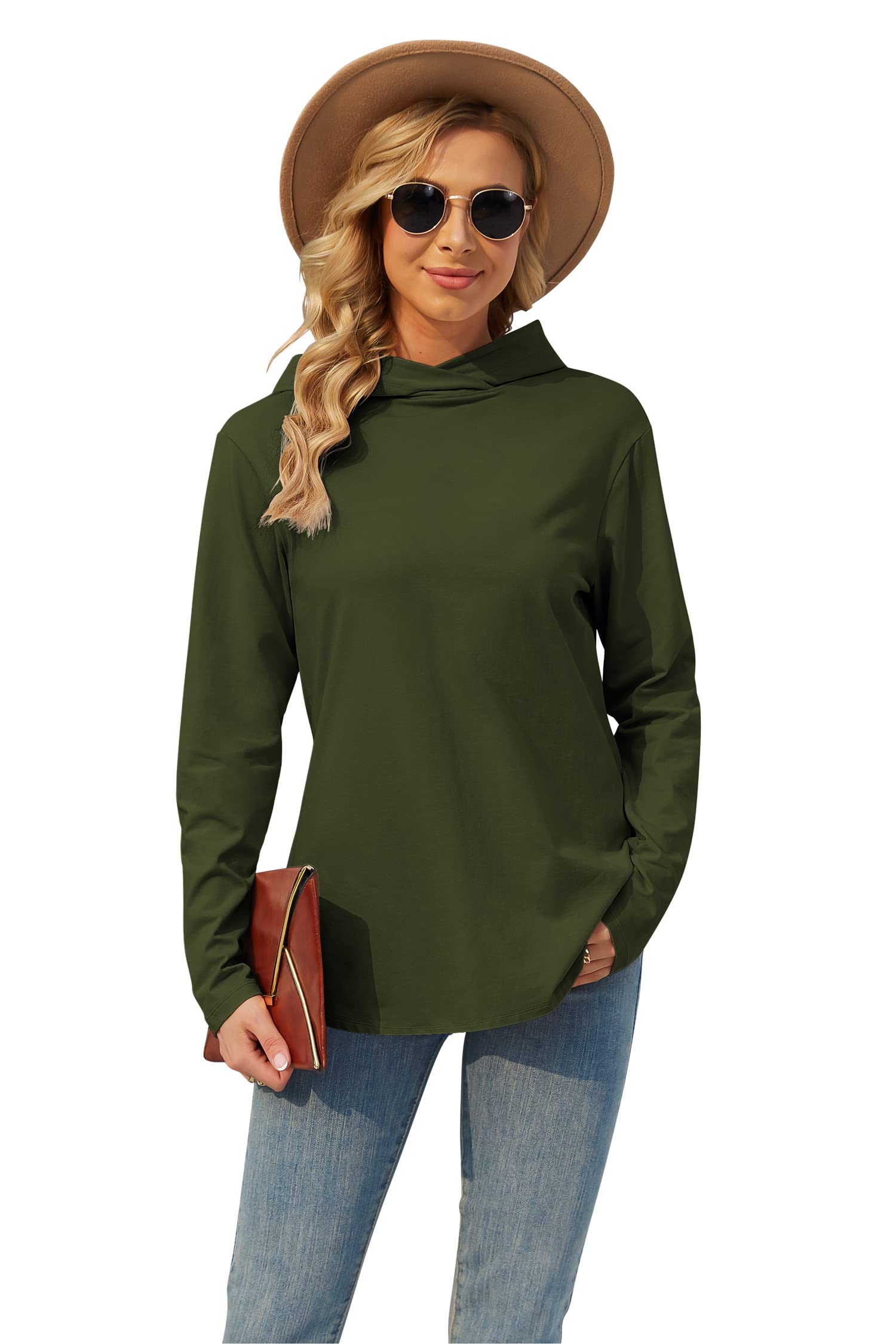 TAIPOVEWomen's Cotton Basic Hooded Pullover Sweartshirt Casual Layering Lightweight Undershirts Long Sleeve Top