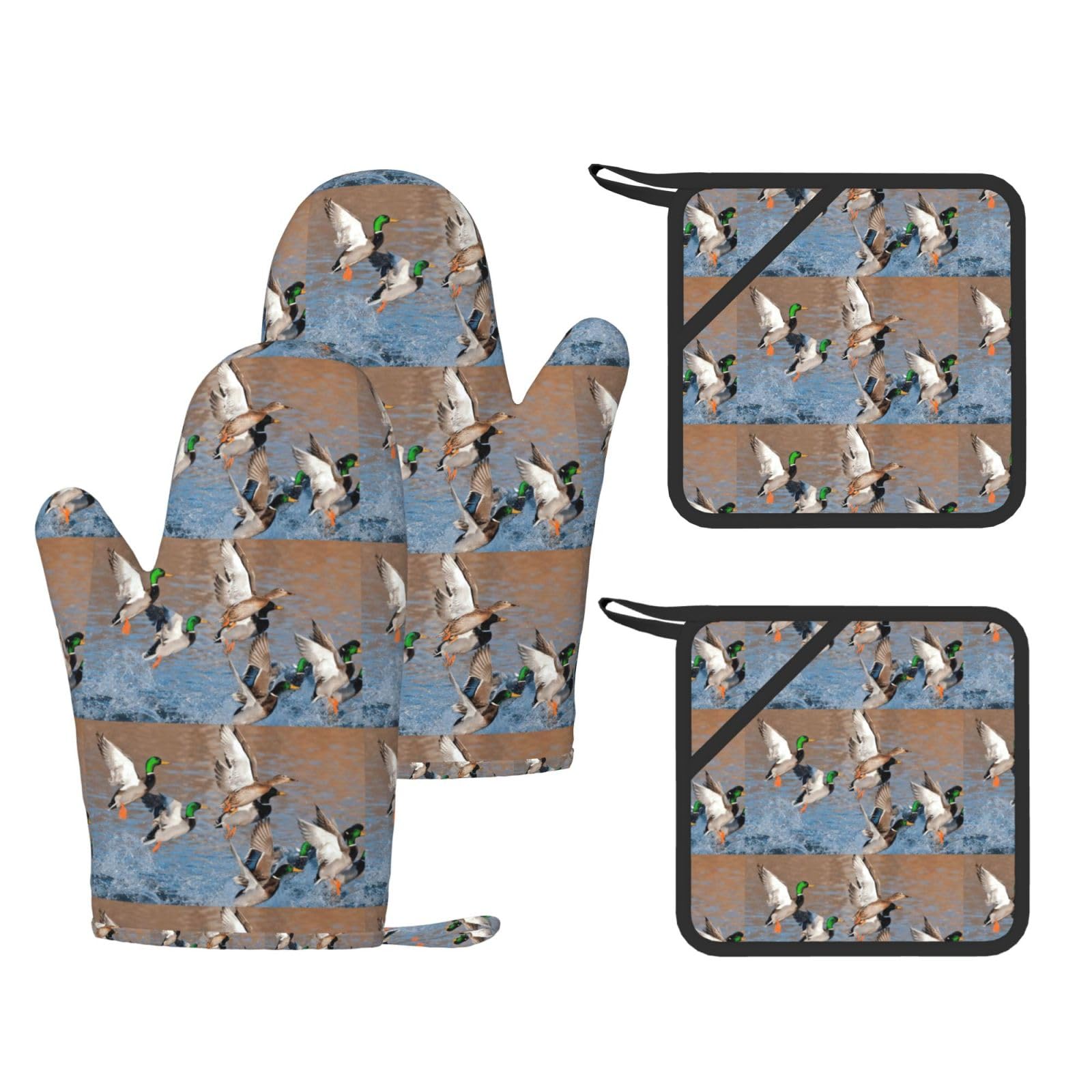 Mallard Ducks Printed Cooking Mitts and Pot Holders 4 Pcs, Heat Resistant Oven Gloves with Hanging Loop Chef