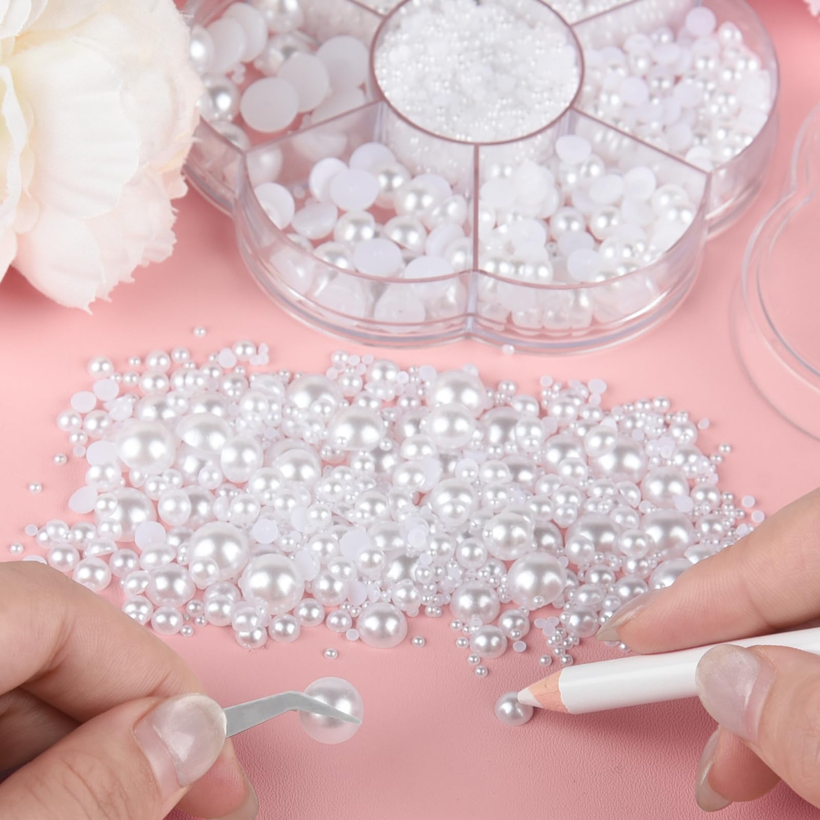 NACHLYNN 6480 Pcs Flat Back Pearl 7 Sizes Half Pearl Bead Flatback Pearl Beads Half Round Pearls for Crafts Embellishment Shoes Clothes Bags DIY Making - Image 4