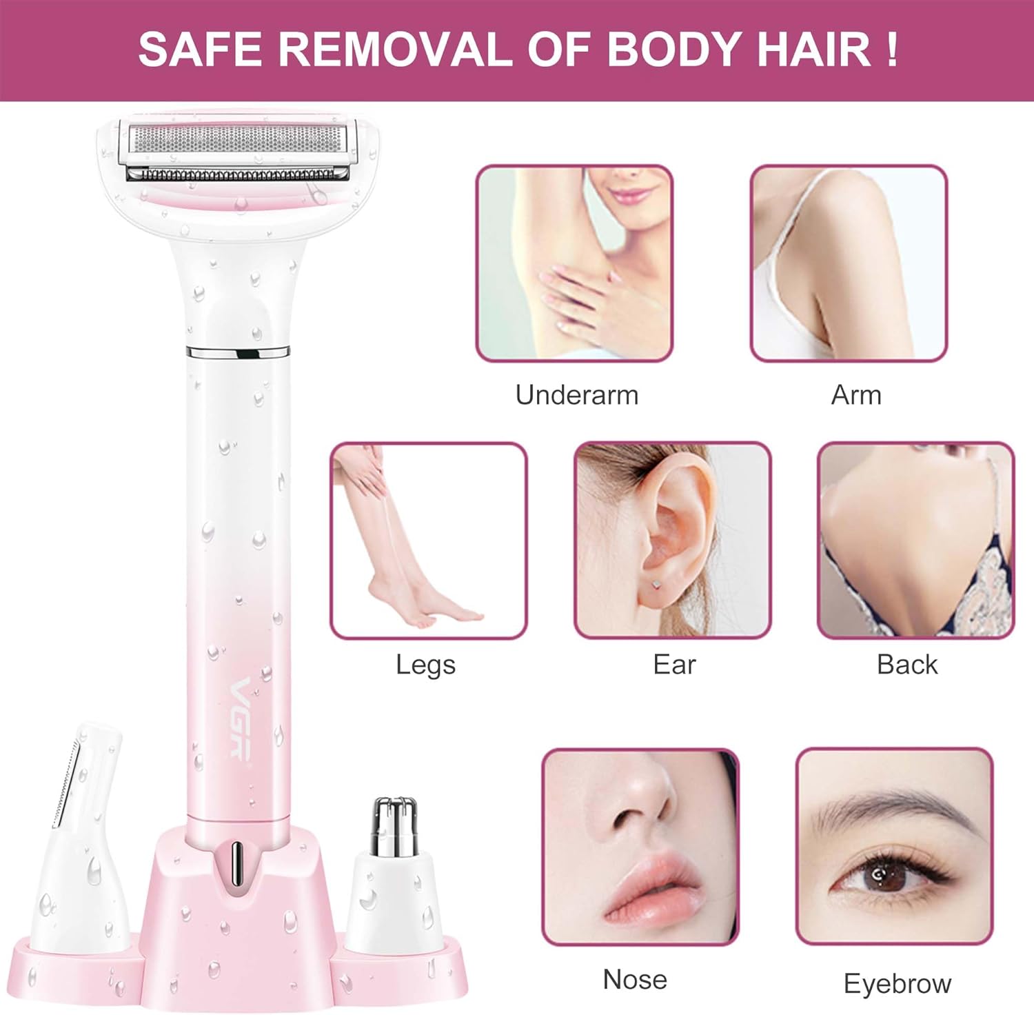 Electric Razors for Women, 3-in-1 Bikini Trimmer for Women with Nose Hair Trimmer & Eyebrow Razor, IPX5 Waterproof Cordless Rechargeable Womens Electric Shaver for Face Legs Armpits Pubic Hair Removal - Image 3