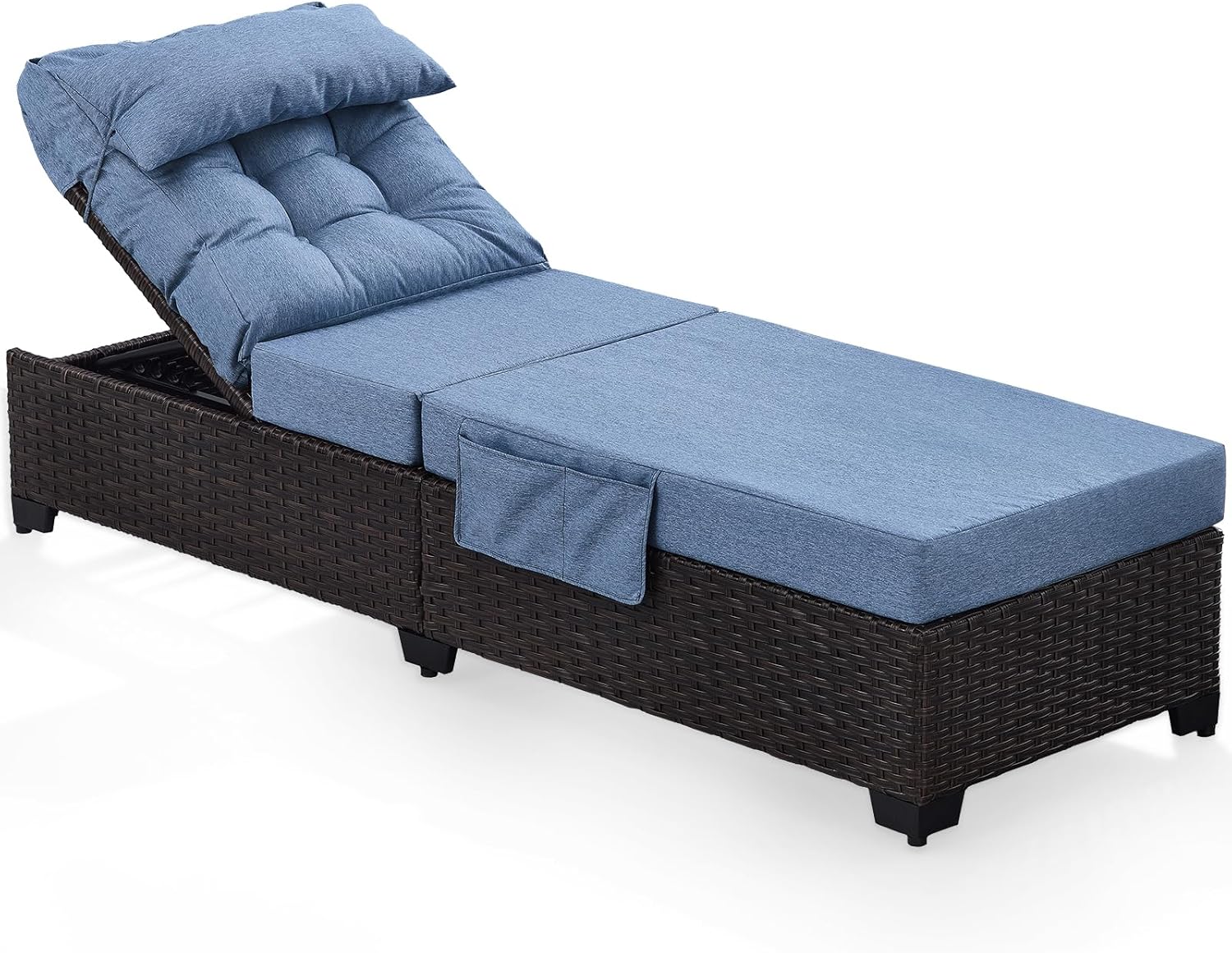 Outdoor Chaise Lounge Chair, Patio Rattan Adjustable Recliner with 5-Inch Thick Cushion, Heavy Duty Metal Lounger for Pool Beach Yard (Blue)