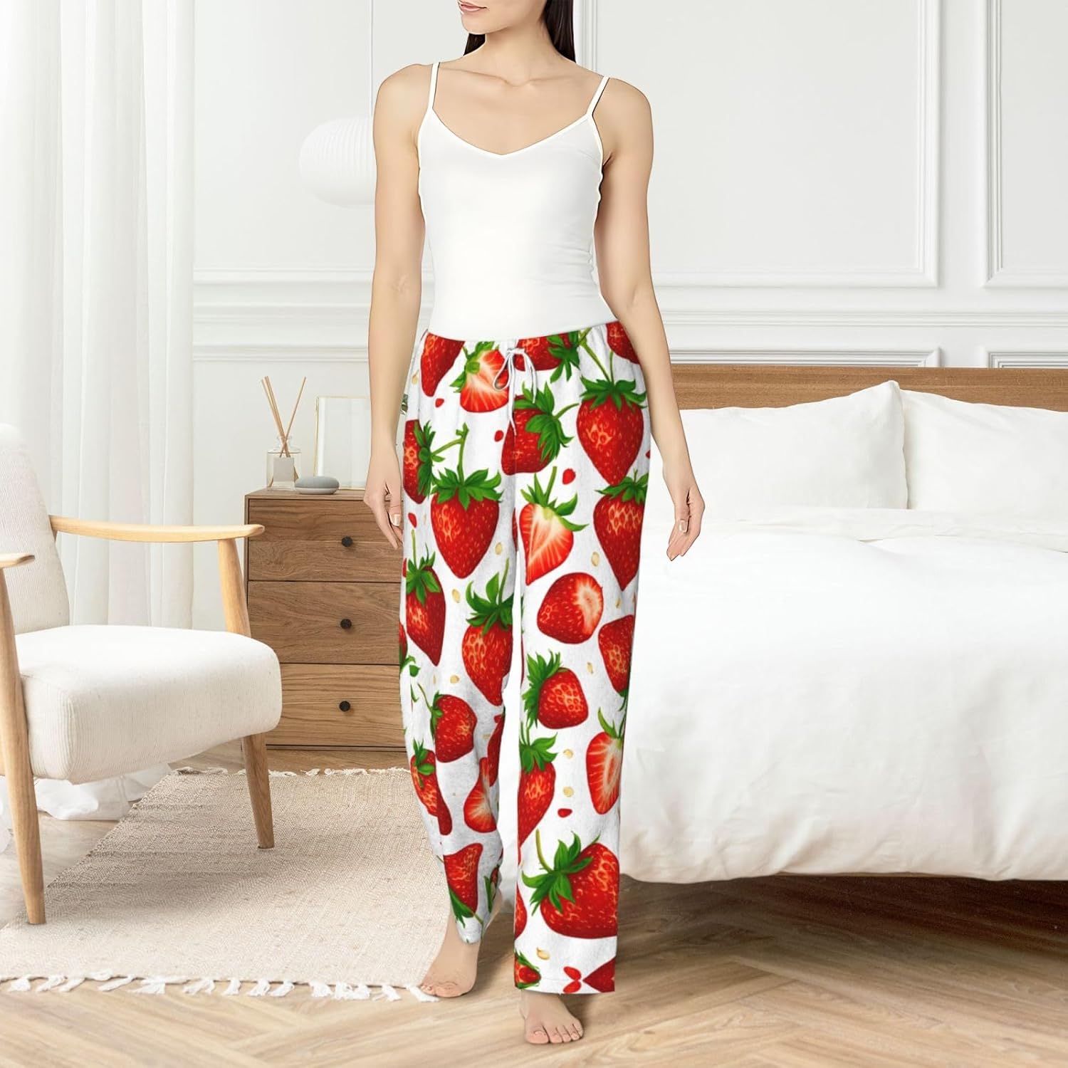 Strawberry Print Cozy Flannel Pajama Pants For Women,Warm Christmas Pj Pants,Cute Fleece Pajamas