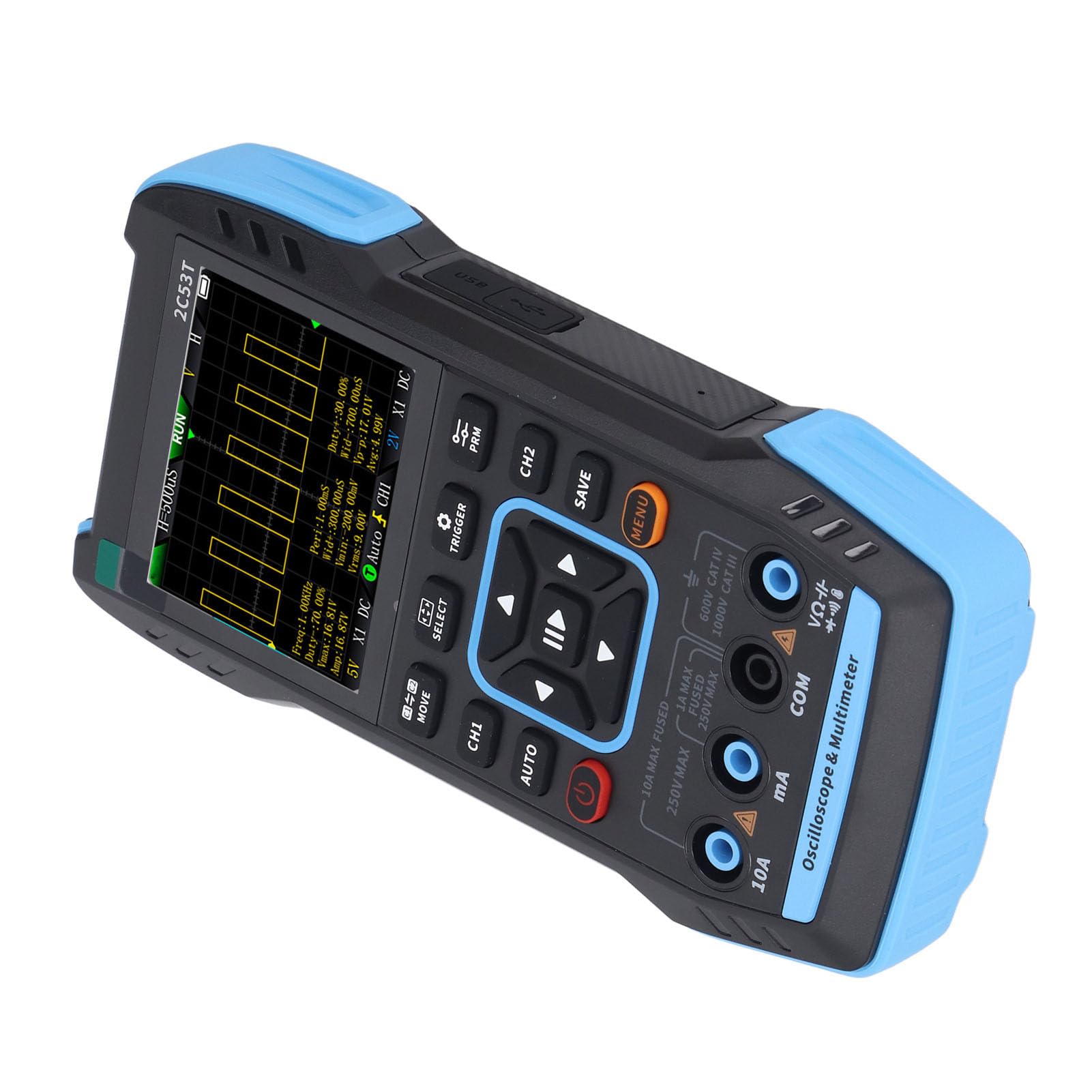 Digital Oscilloscope Multimeter 2.8in LCD Screen 2 Channel 50MHz Bandwidth Oscilloscope High Sensitivity Sign Generator 5V 1A