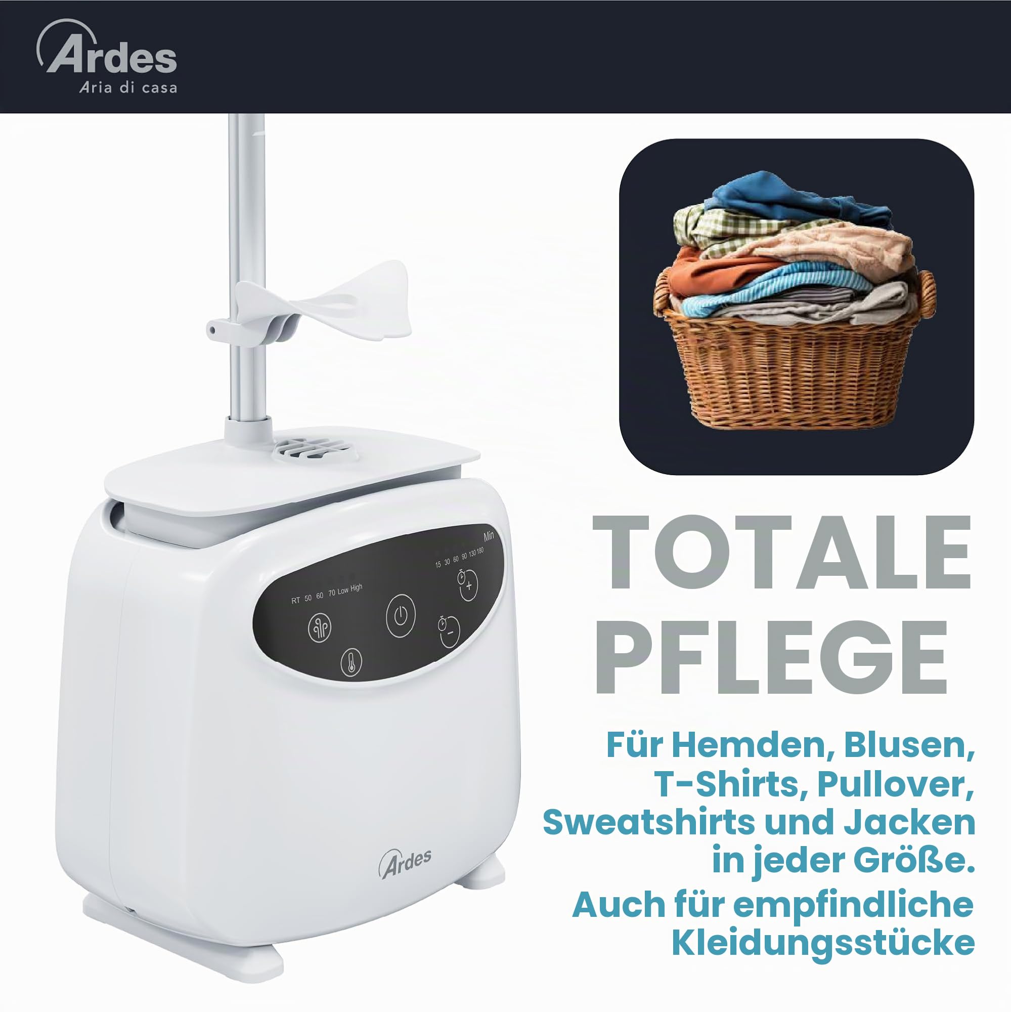Ardes BLOWY PRIME Automatisches Bügelgerät und Trocknungspuppe 2-in-1, Vertikales Bügeln ohne Falten, 4 Gewichtsclips, Timer und Digitalanzeige